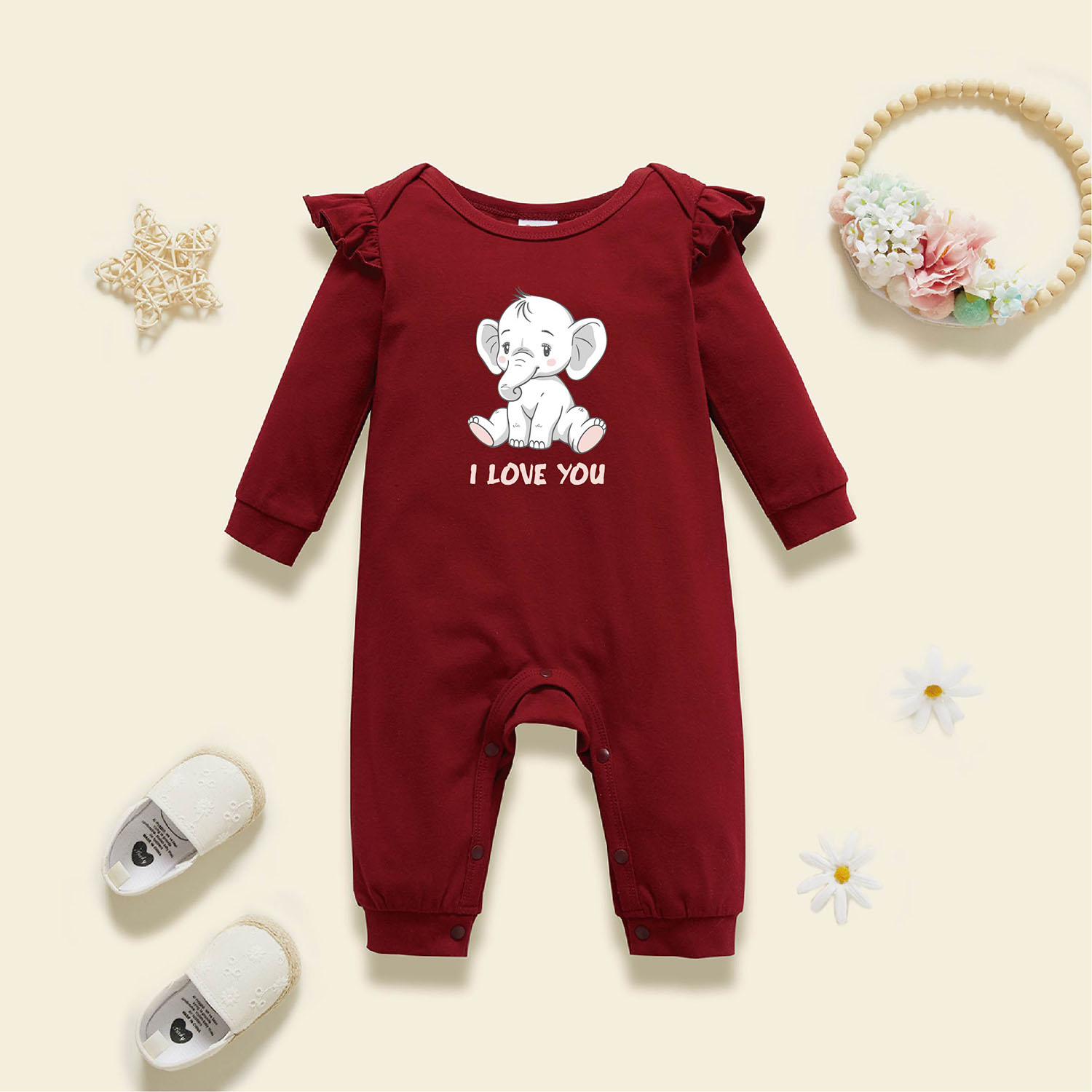 

Baby Girl Graphic Elephant and Letter Print Ruffled Long-sleeve Jumpsuit