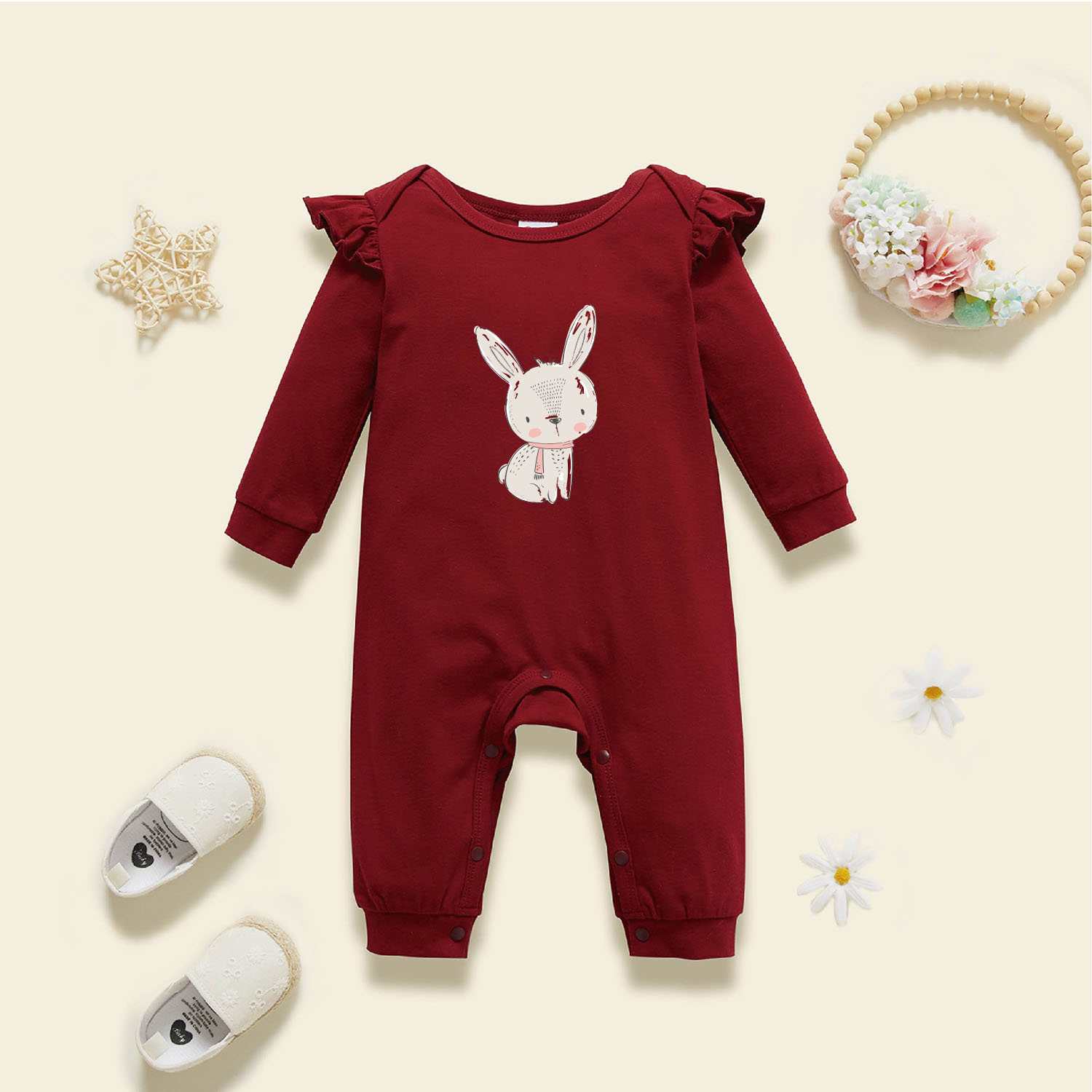 

Baby Graphic Flutter-sleeve Burgundy Long-sleeve Jumpsuit