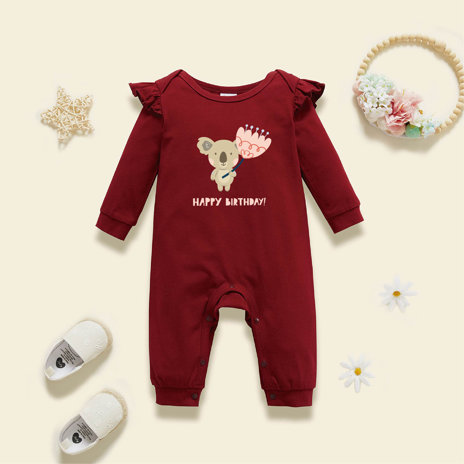 

Baby Graphic Flutter-sleeve Burgundy Long-sleeve Jumpsuit