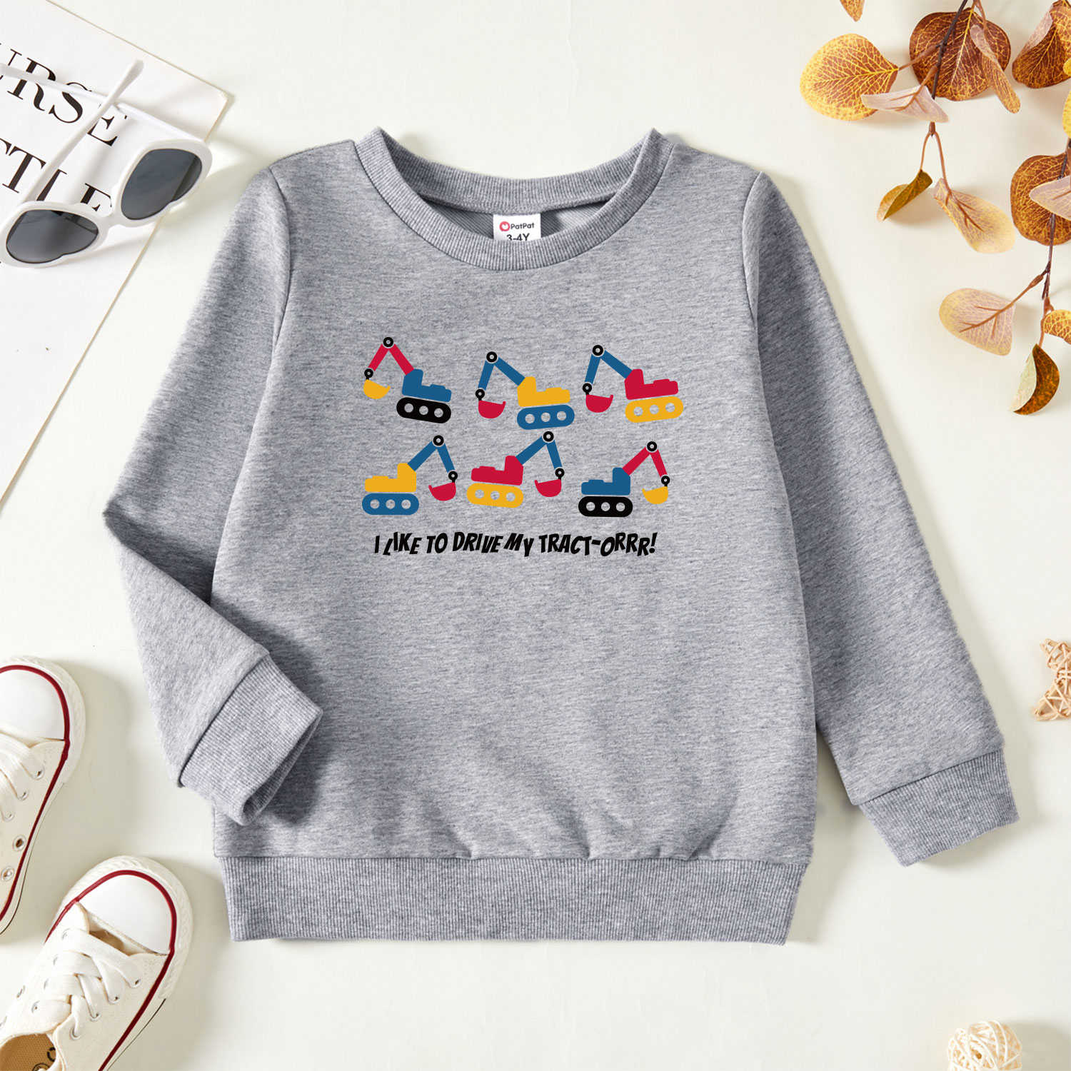 

Toddler Boy Graphic Excavator and Letter Print Long-sleeve Pullover