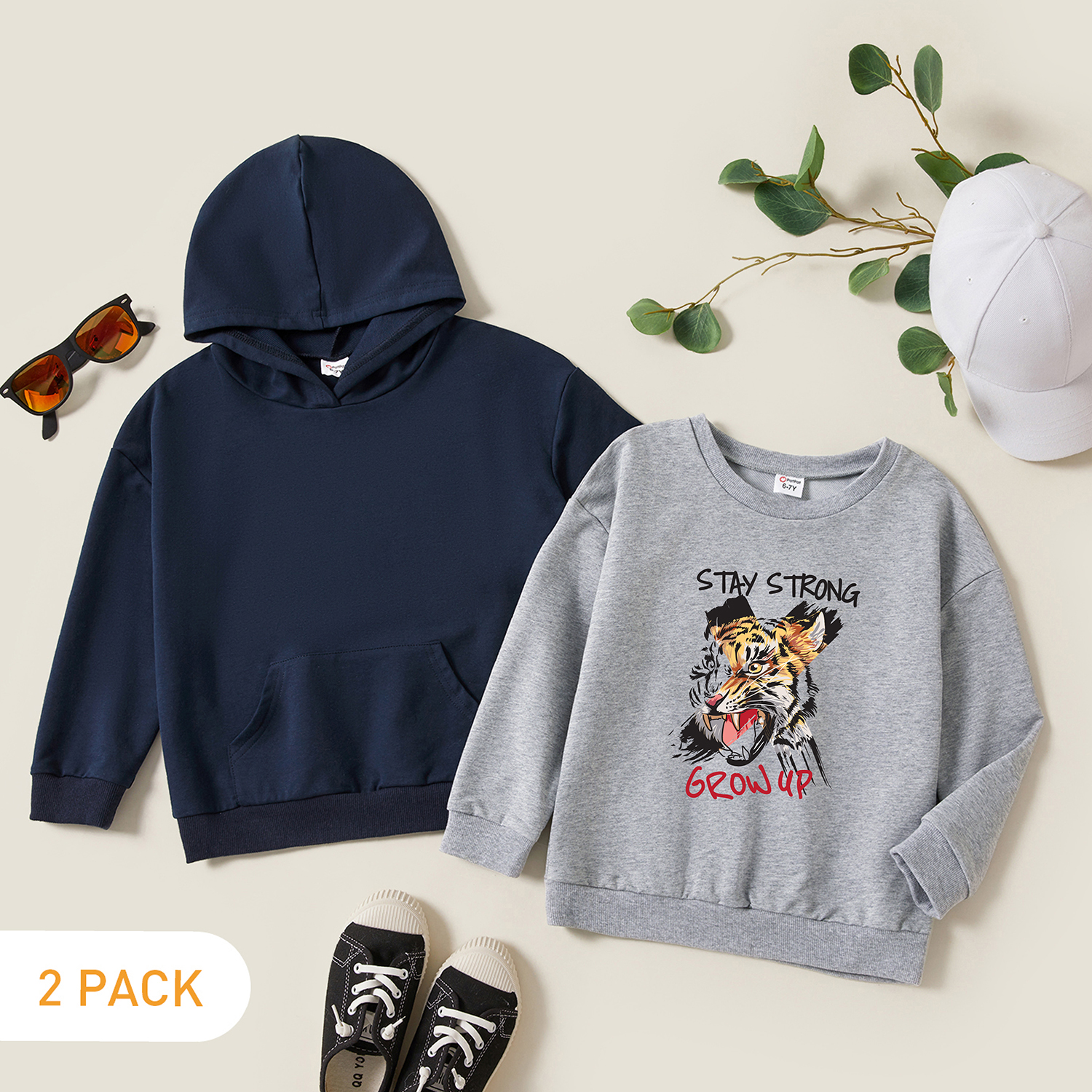 

2-Pack Kid Boy Graphics Tiger and Letter Print Long-sleeve Pullover & Hooded Pullover Set