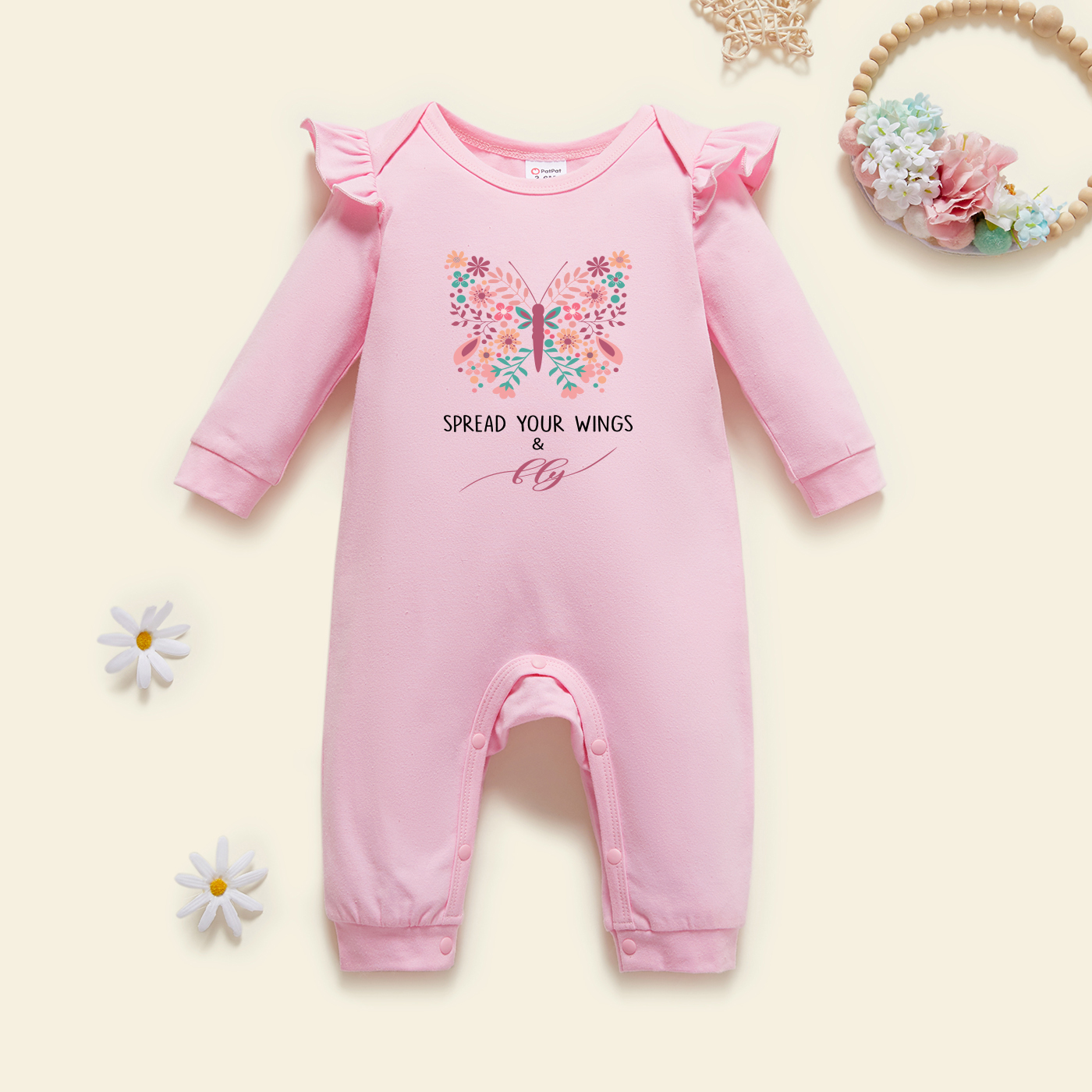 

Baby Graphic Flutter-sleeve Light pink Long-sleeve Jumpsuit