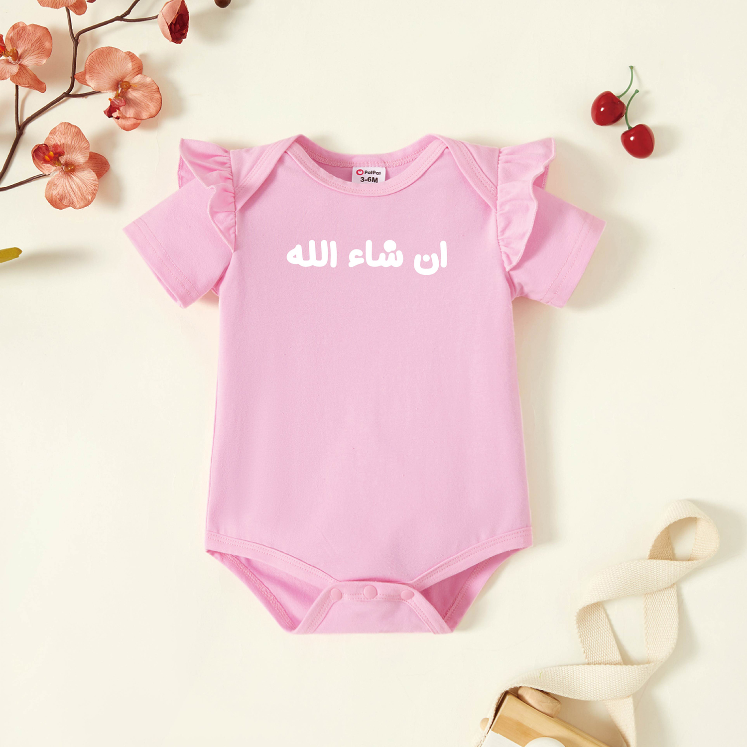 

Baby Graphic Letter Print Ruffle Decor Light pink Short-sleeve Romper