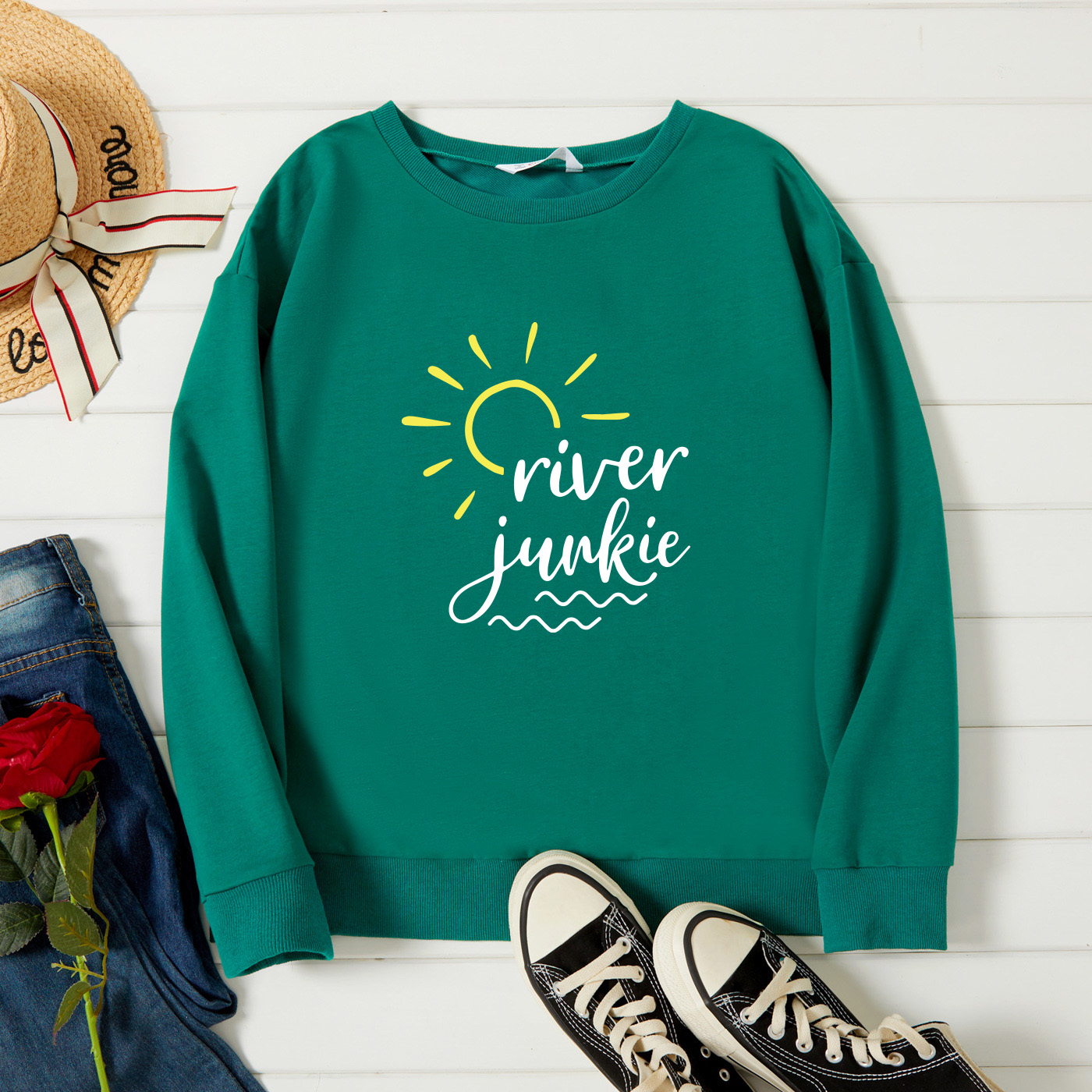

Graphic Green Long-sleeve Pullover For Women