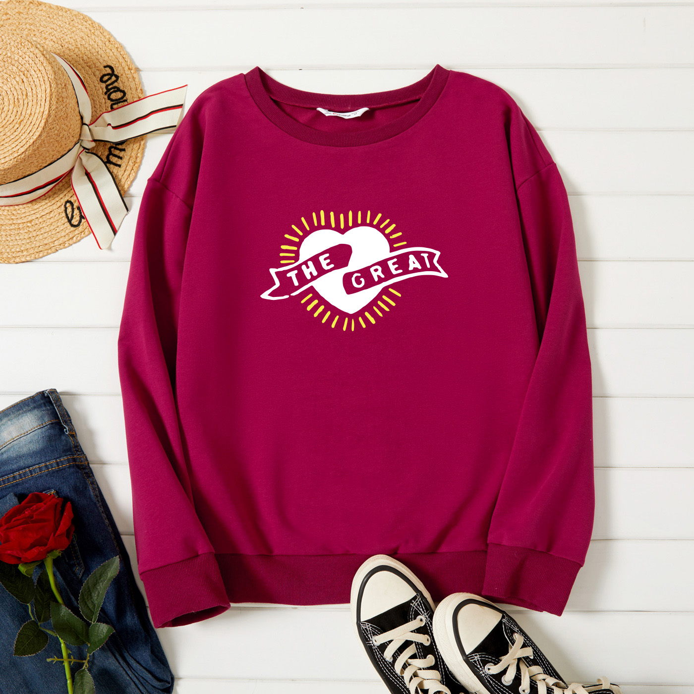 

Graphic Burgundy Long-sleeve Pullover For Women