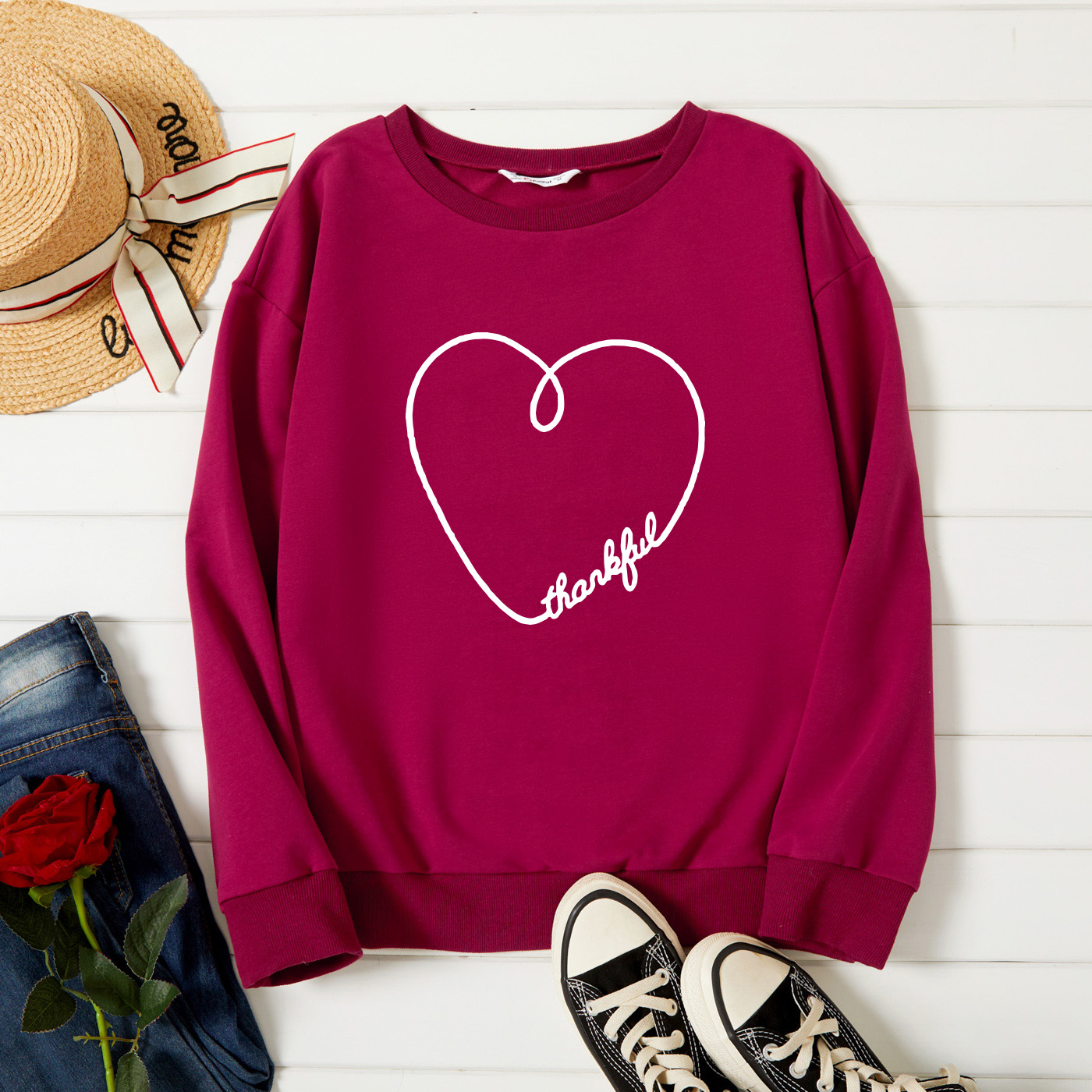 

Graphic Burgundy Long-sleeve Pullover For Women