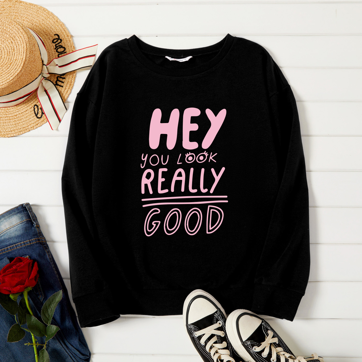 

Graphic Black Long-sleeve Pullover For Women