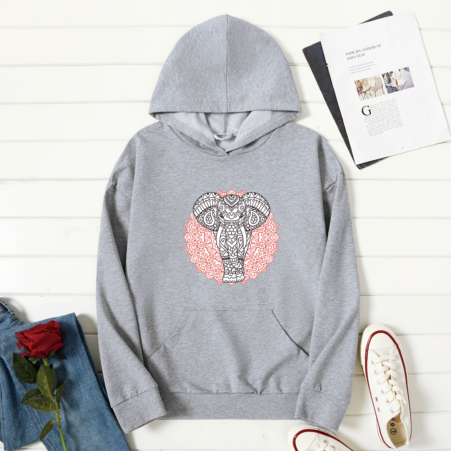 

Graphic Light gray Long-sleeve Hooded Pullover For Women
