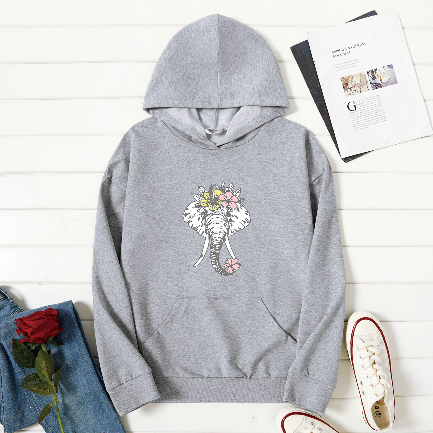 

Graphic Light gray Long-sleeve Hooded Pullover For Women