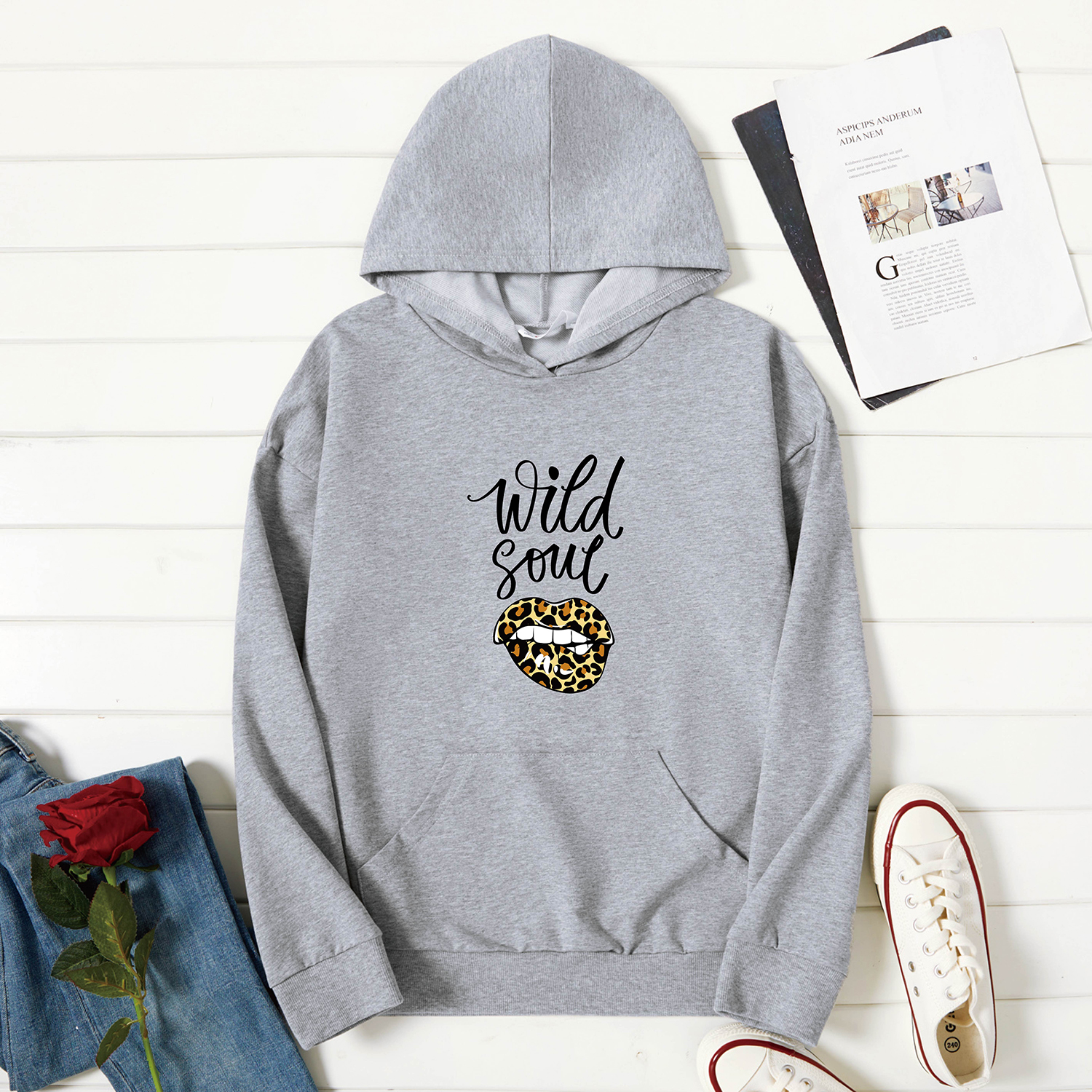 

Graphic Light gray Long-sleeve Hooded Pullover For Women