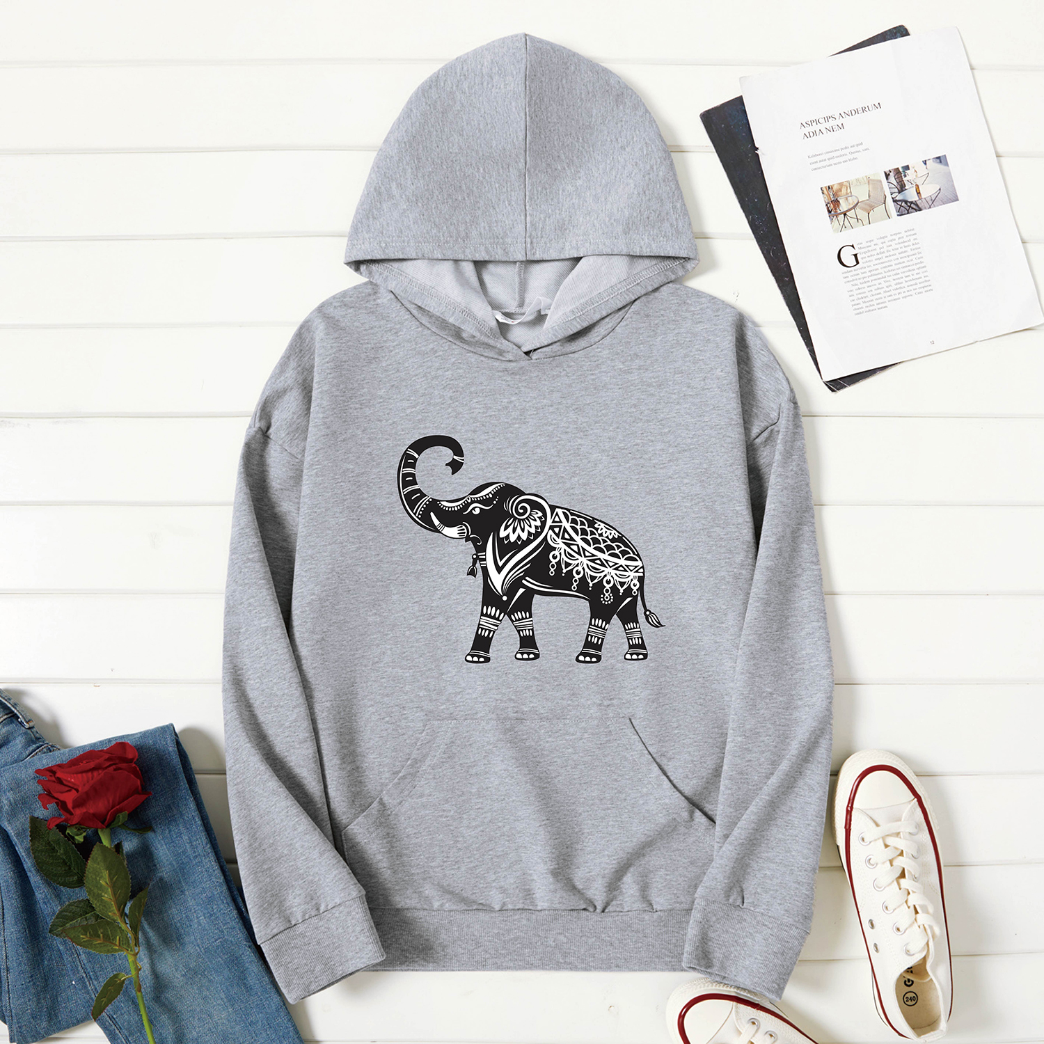 

Graphic Light gray Long-sleeve Hooded Pullover For Women
