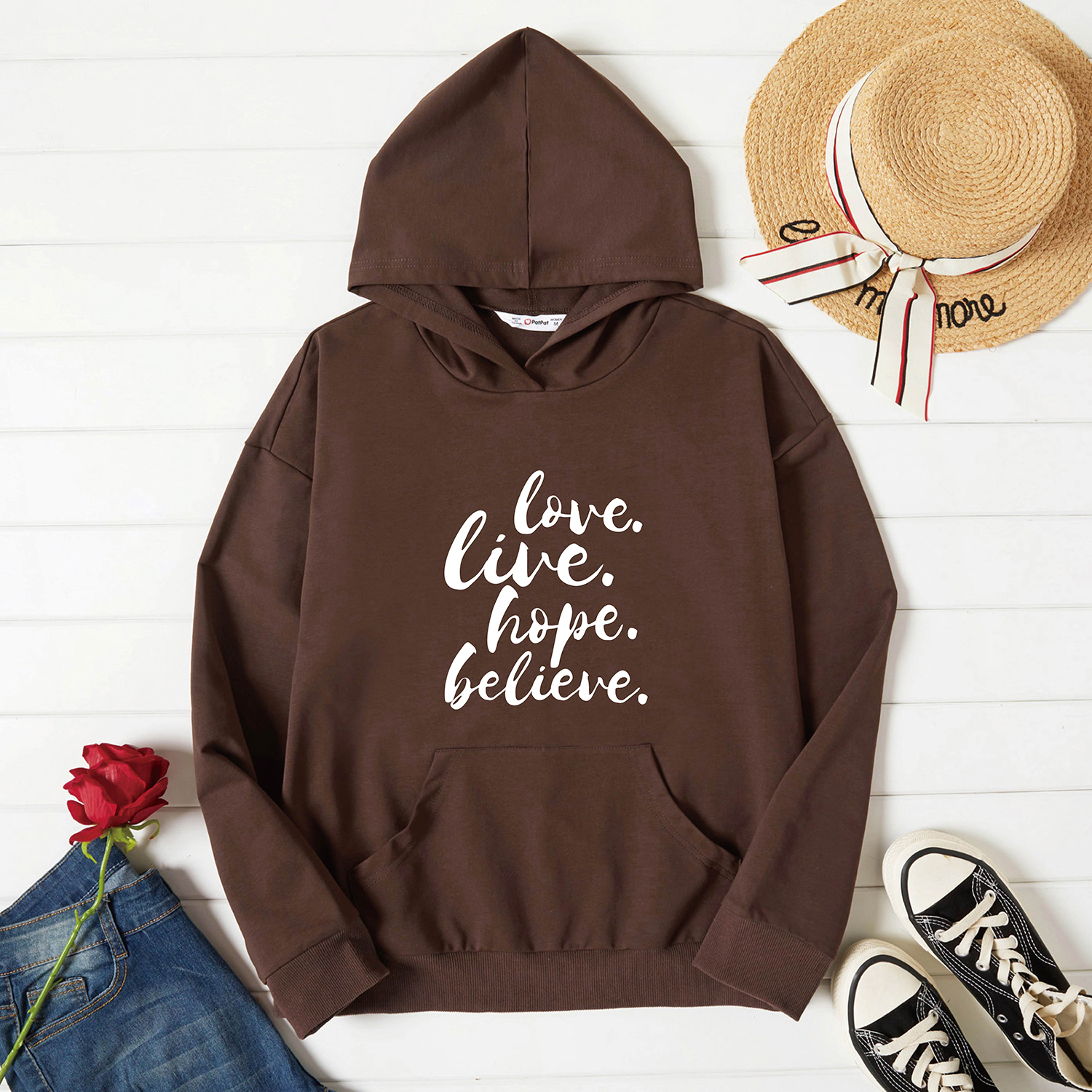 

Graphic Brown Long-sleeve Hooded Pullover For Women