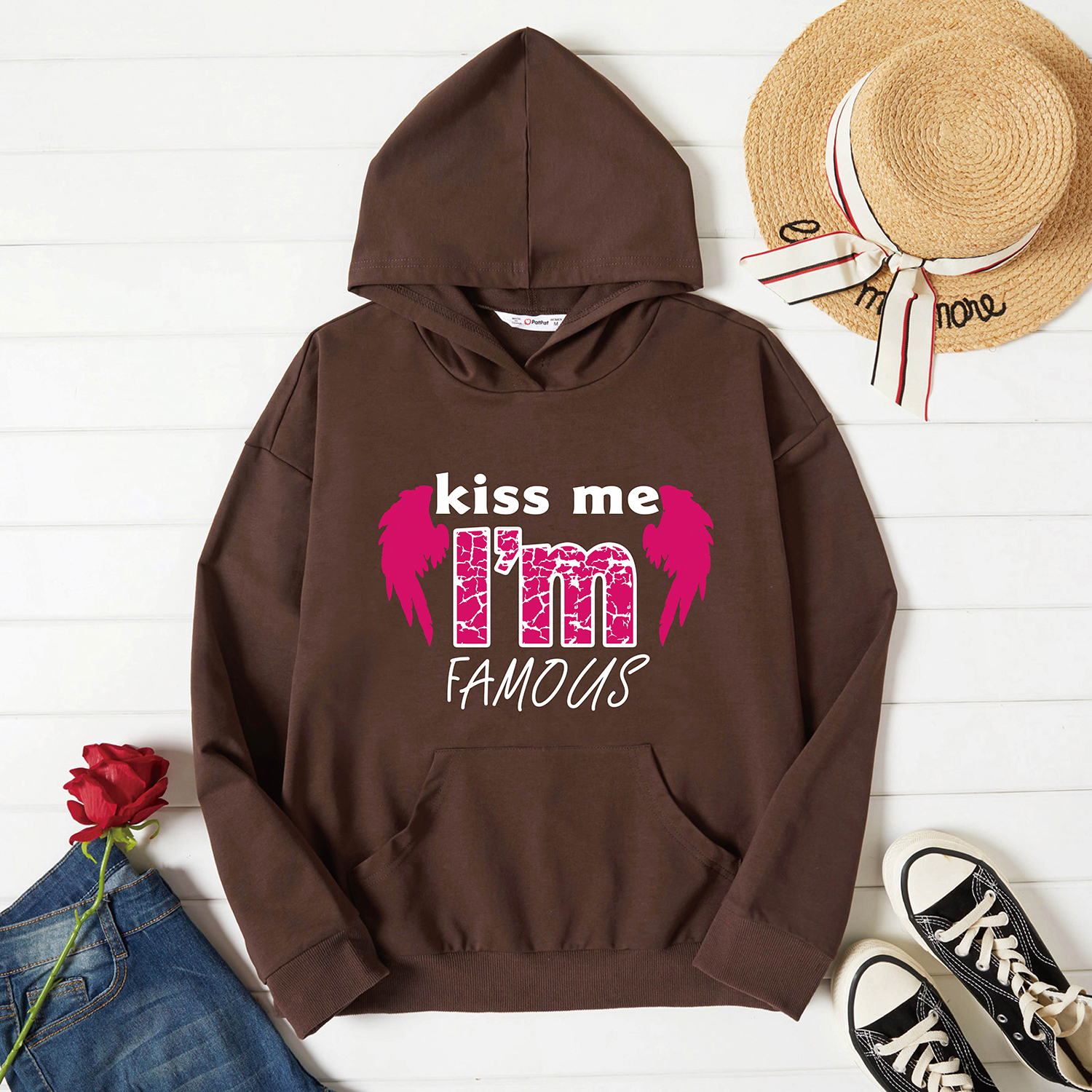 

Graphic Brown Long-sleeve Hooded Pullover For Women