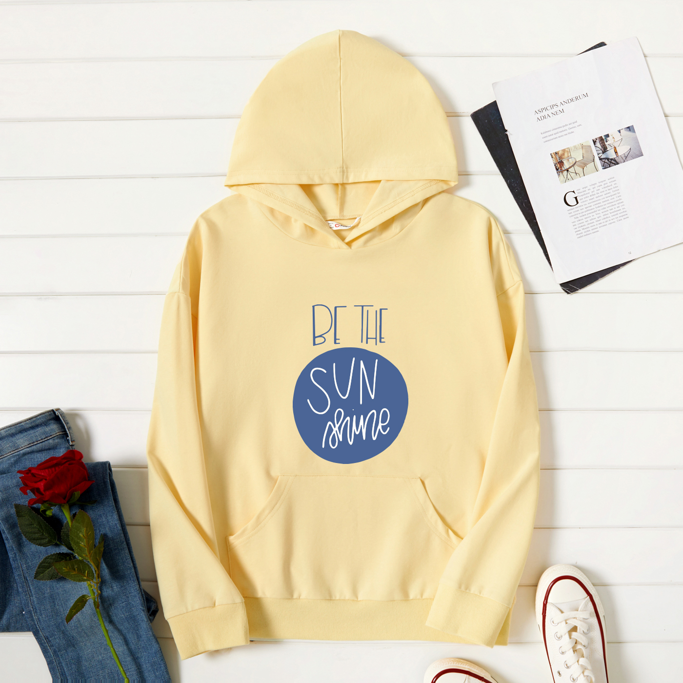 

Graphic Beige Long-sleeve Hooded Pullover For Women