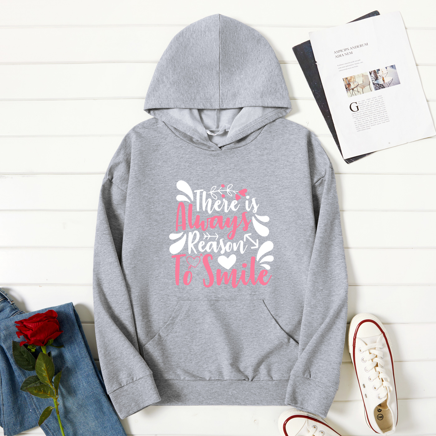 

Women Graphic Heart and Letter Print Long-sleeve Hooded Pullover
