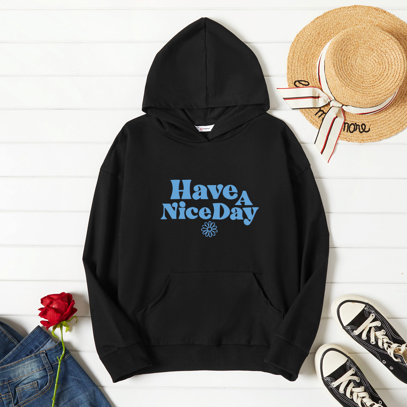 

Graphic Black Long-sleeve Hooded Pullover For Women