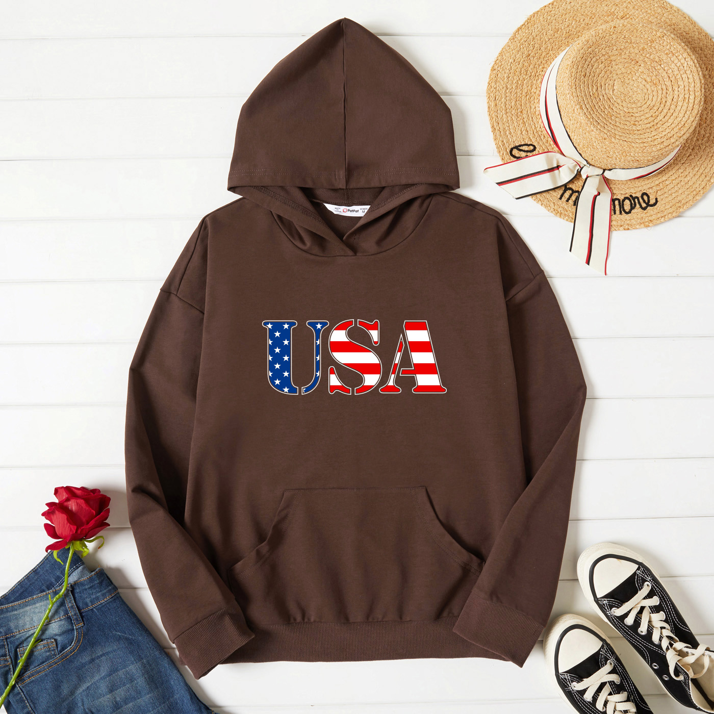 

Graphic Brown Long-sleeve Hooded Pullover For Women