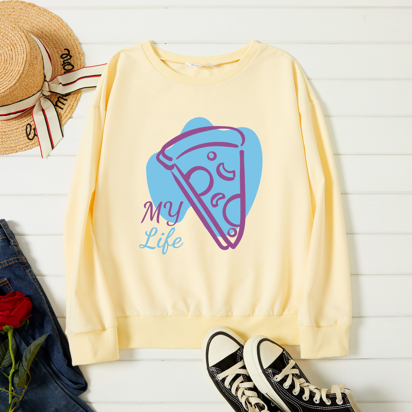 

Graphic Beige Long-sleeve Pullover For Women