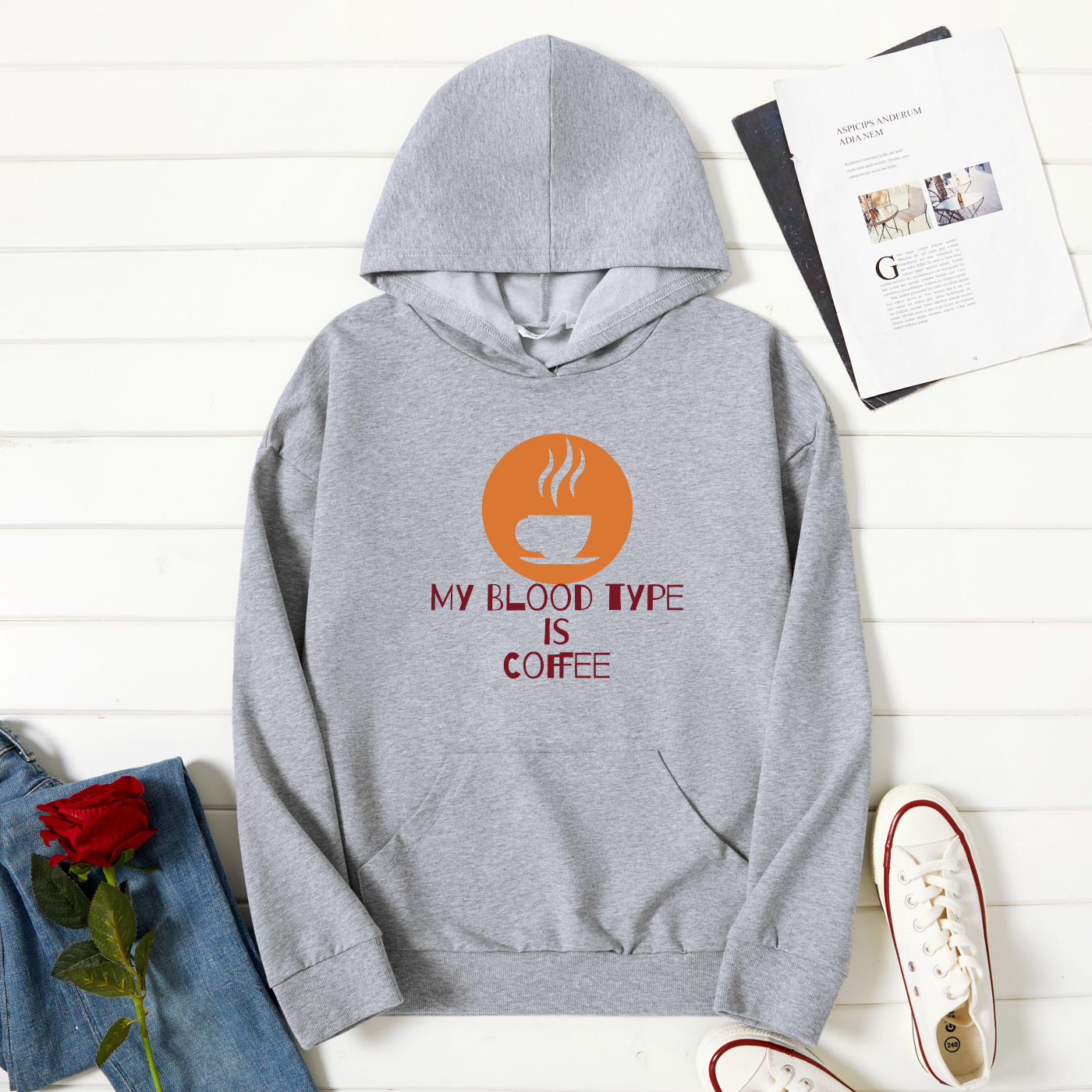 

Graphic Light gray Long-sleeve Hooded Pullover For Women