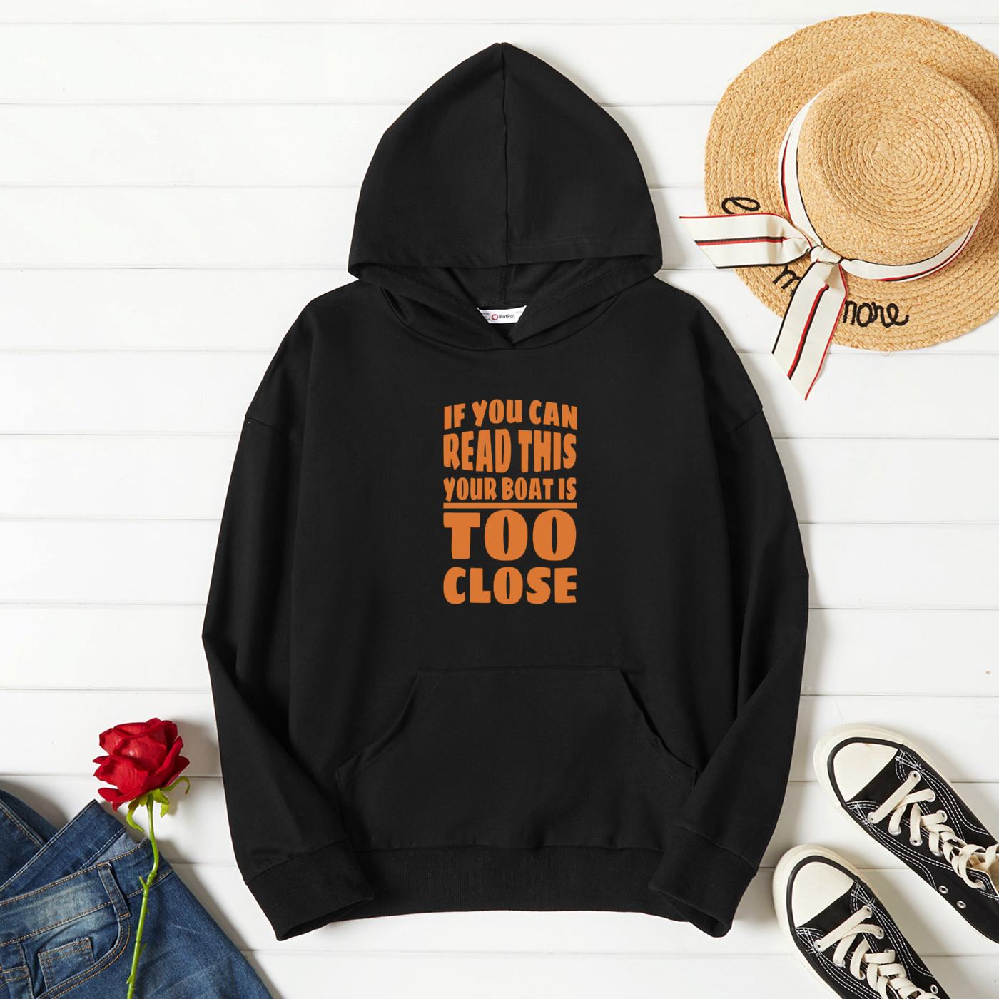 

Graphic Black Long-sleeve Hooded Pullover For Women