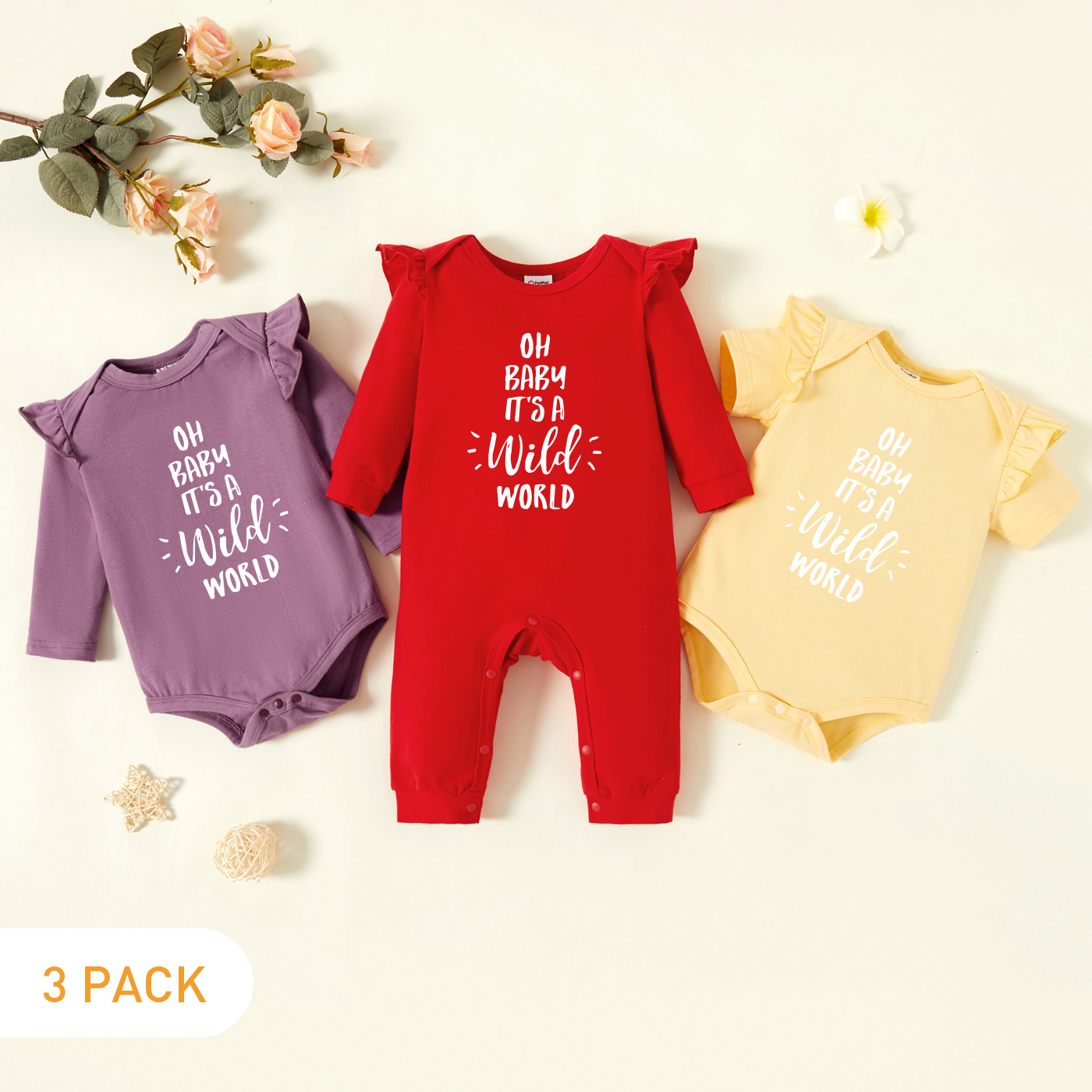 

3-Pack Baby Graphic Flutter-sleeve Romper and Jumpsuit Set