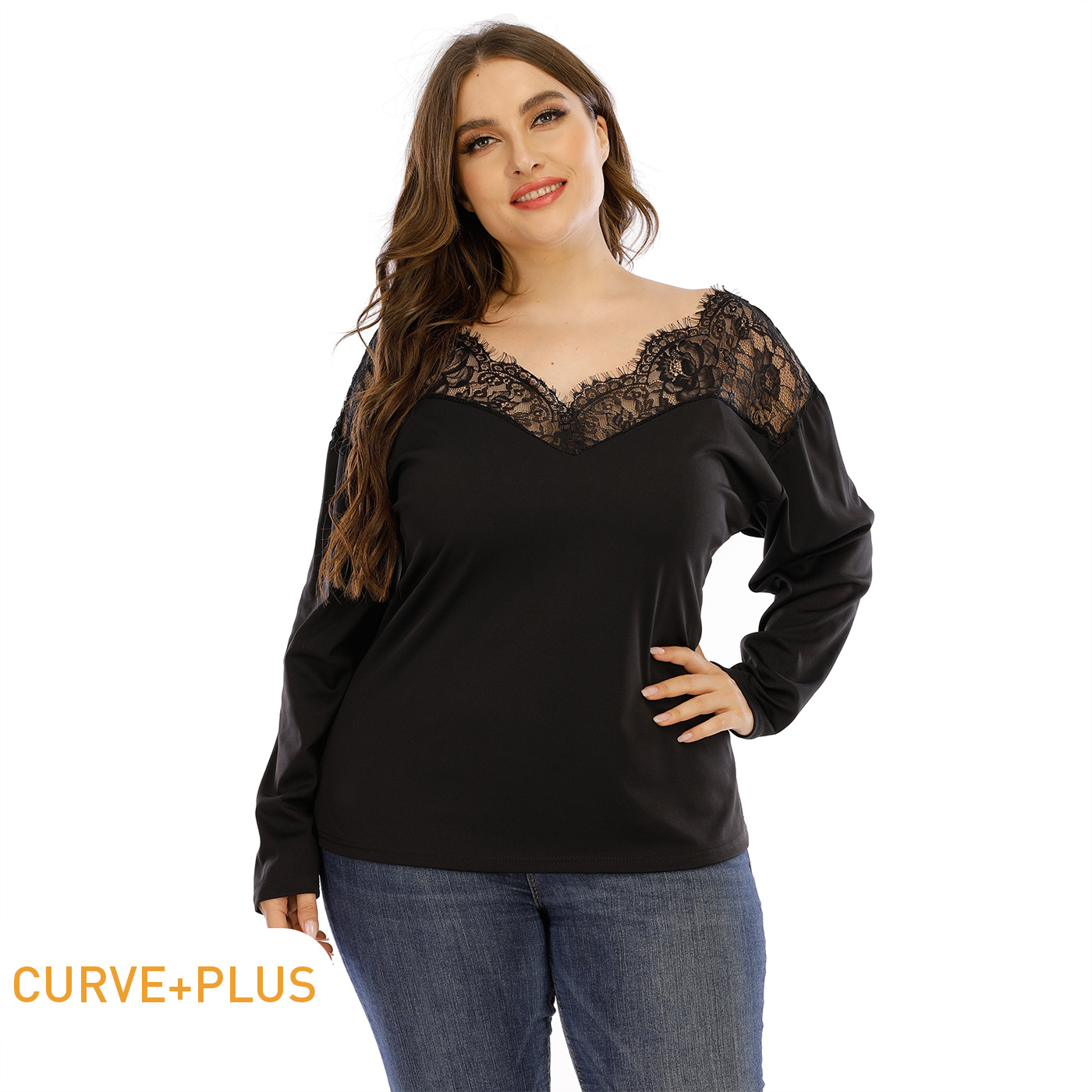 

Women Plus Size Elegant V Neck Backless Lace Splice Long-sleeve Top