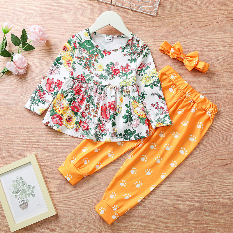 

3-piece Toddler Girl Floral Print Long-sleeve Tee, Footprints Elasticized Pants and Headband Set