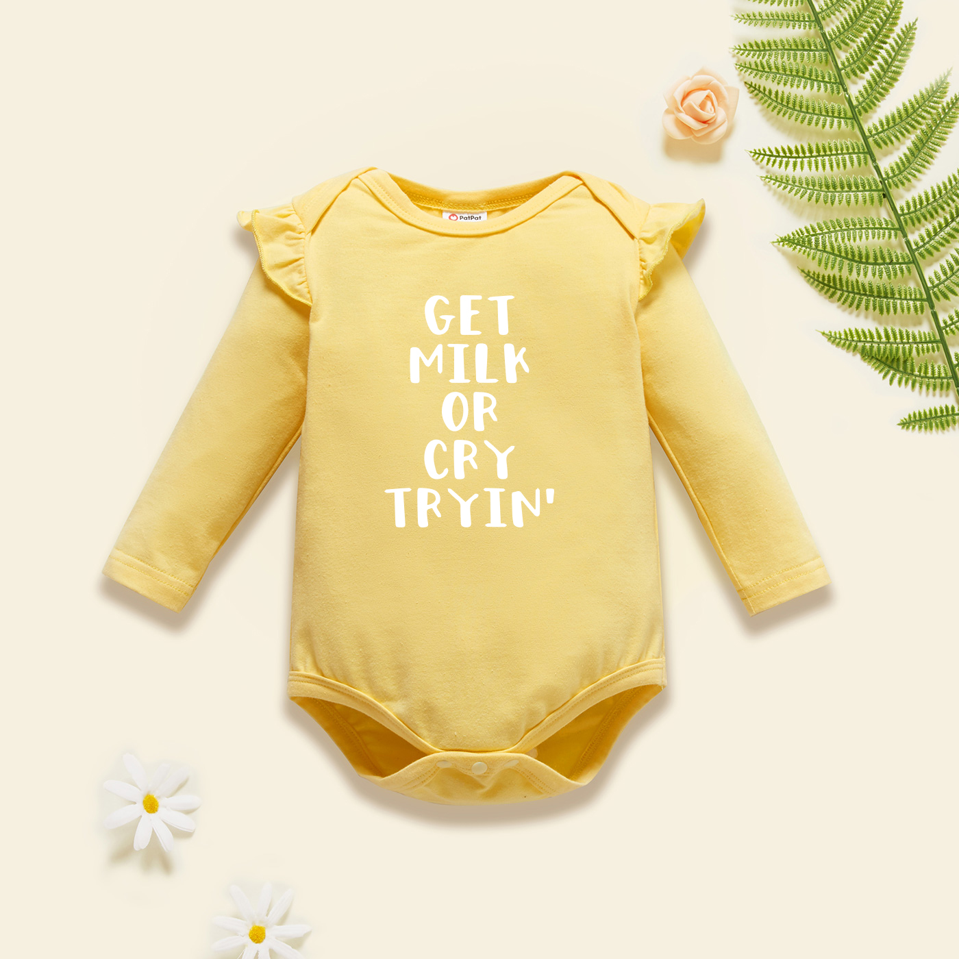 

Baby Graphic Flutter-sleeve Beige Long-sleeve Romper