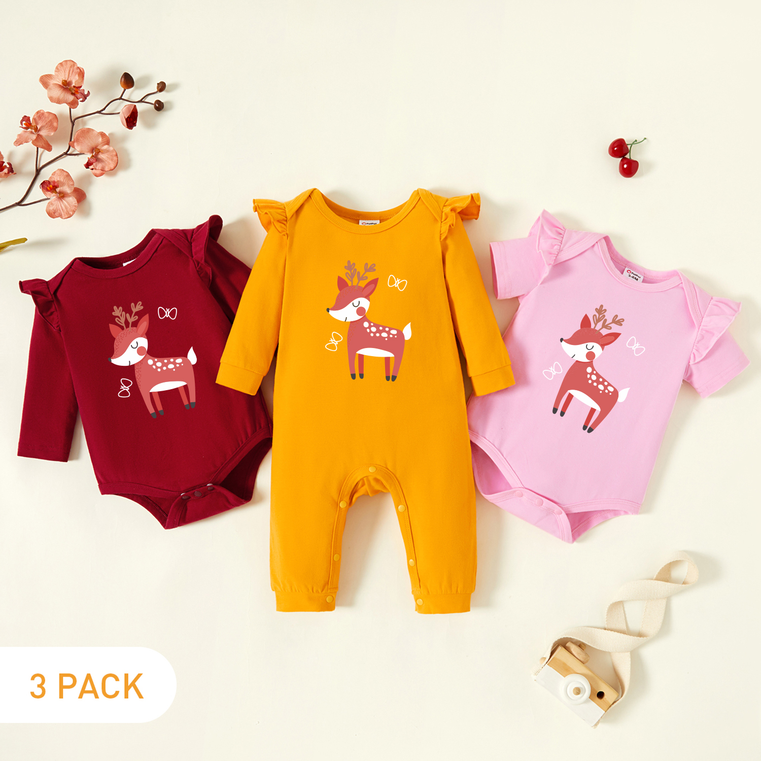 

3-Pack Baby Graphic Flutter-sleeve Romper and Jumpsuit Set
