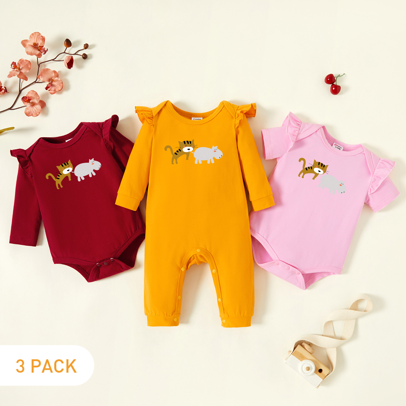

3-Pack Baby Graphic Flutter-sleeve Romper and Jumpsuit Set
