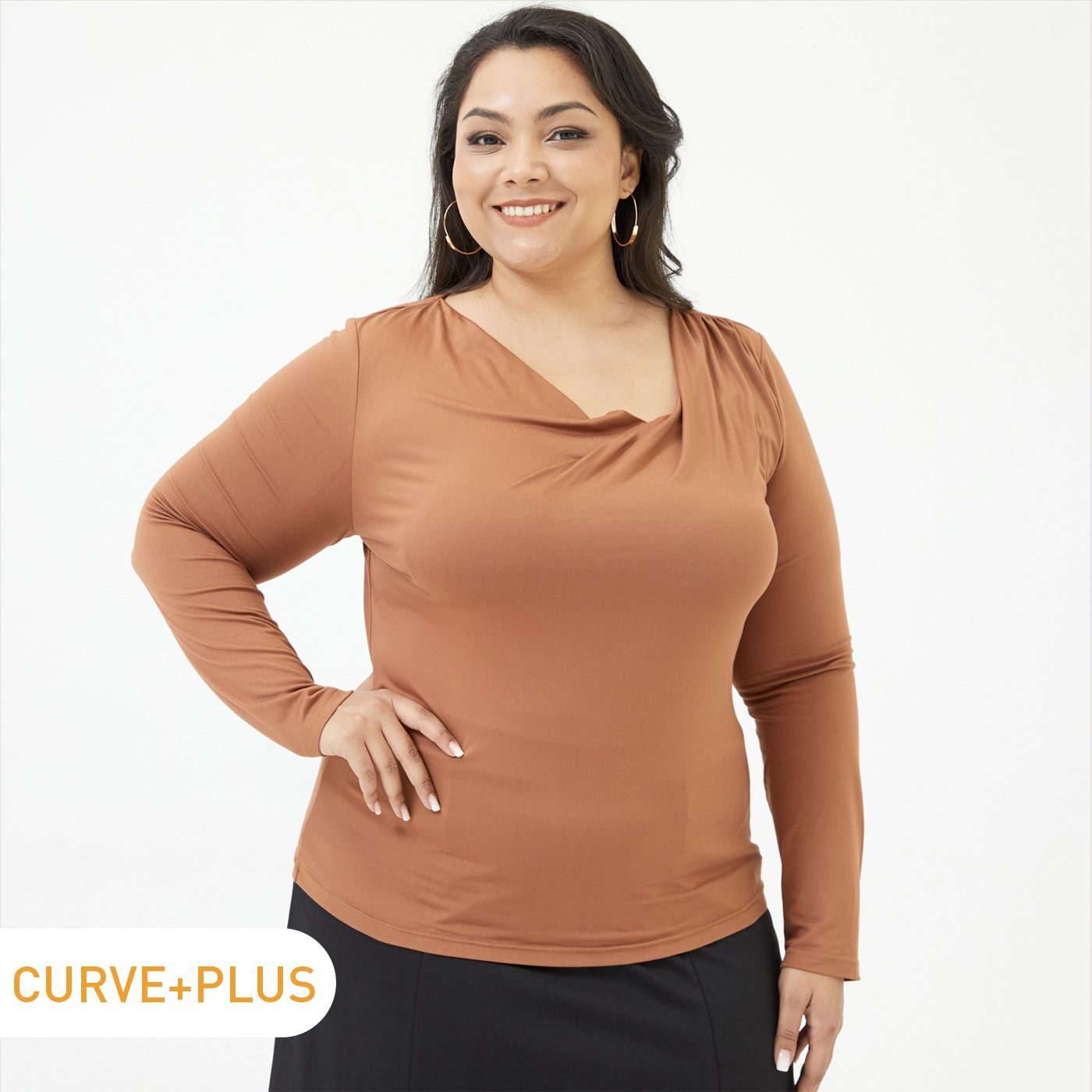 

Women Plus Size Casual Irregular Collar Long-sleeve Brown Tee