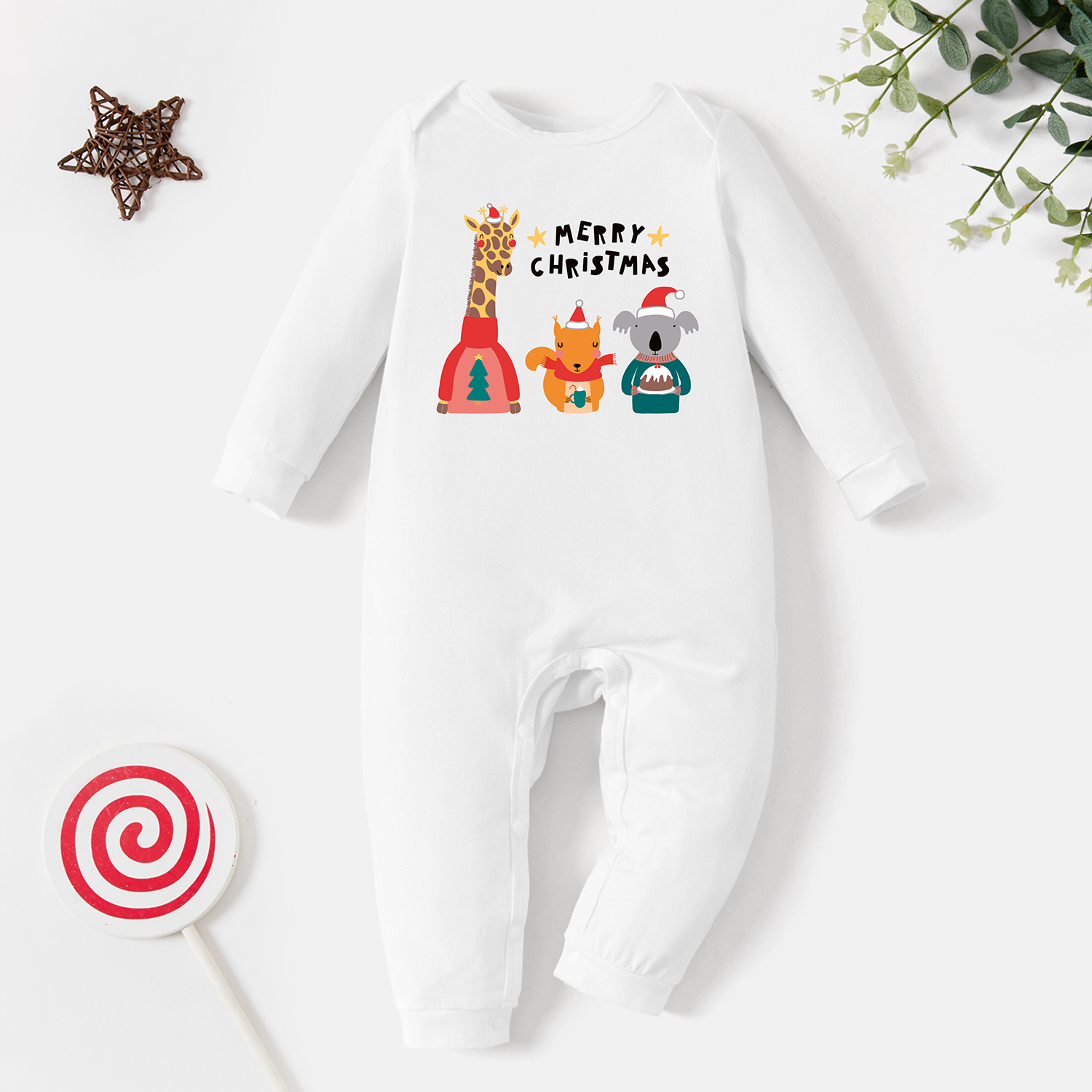 

Christmas Baby Graphic Animal and Letter and Stars Print Long-sleeve Jumpsuit