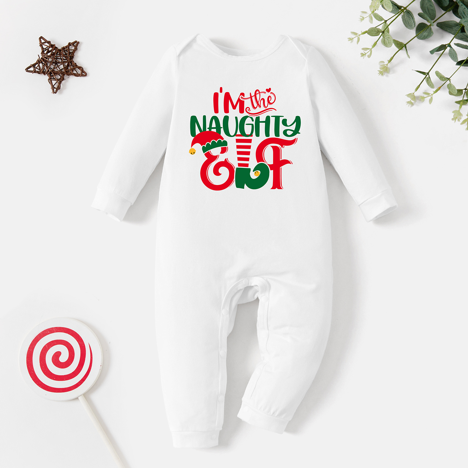 

Christmas Baby Graphic Elf and Letter Print Long-sleeve Jumpsuit