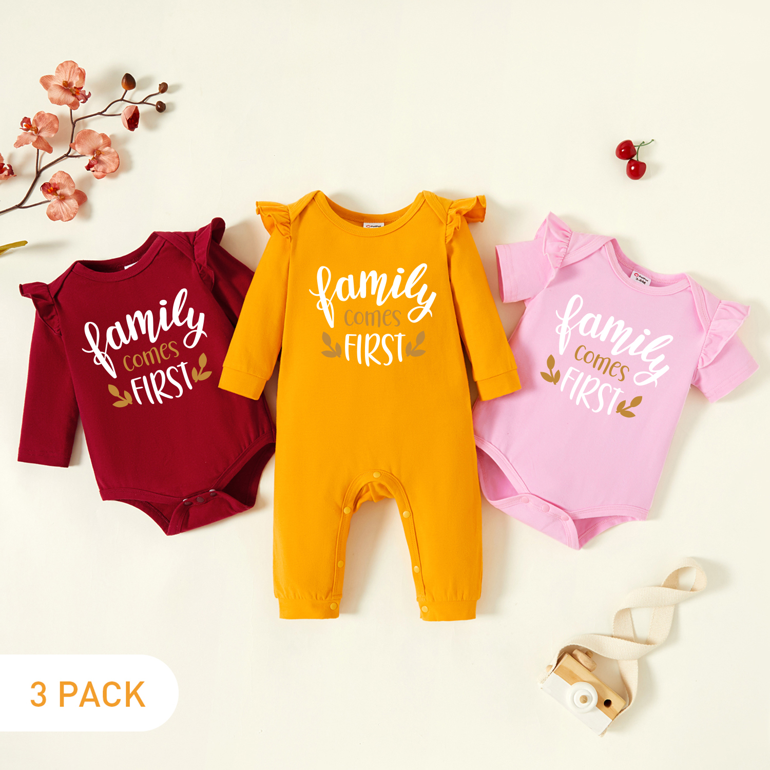 

3-Pack Baby Graphic Flutter-sleeve Romper and Jumpsuit Set
