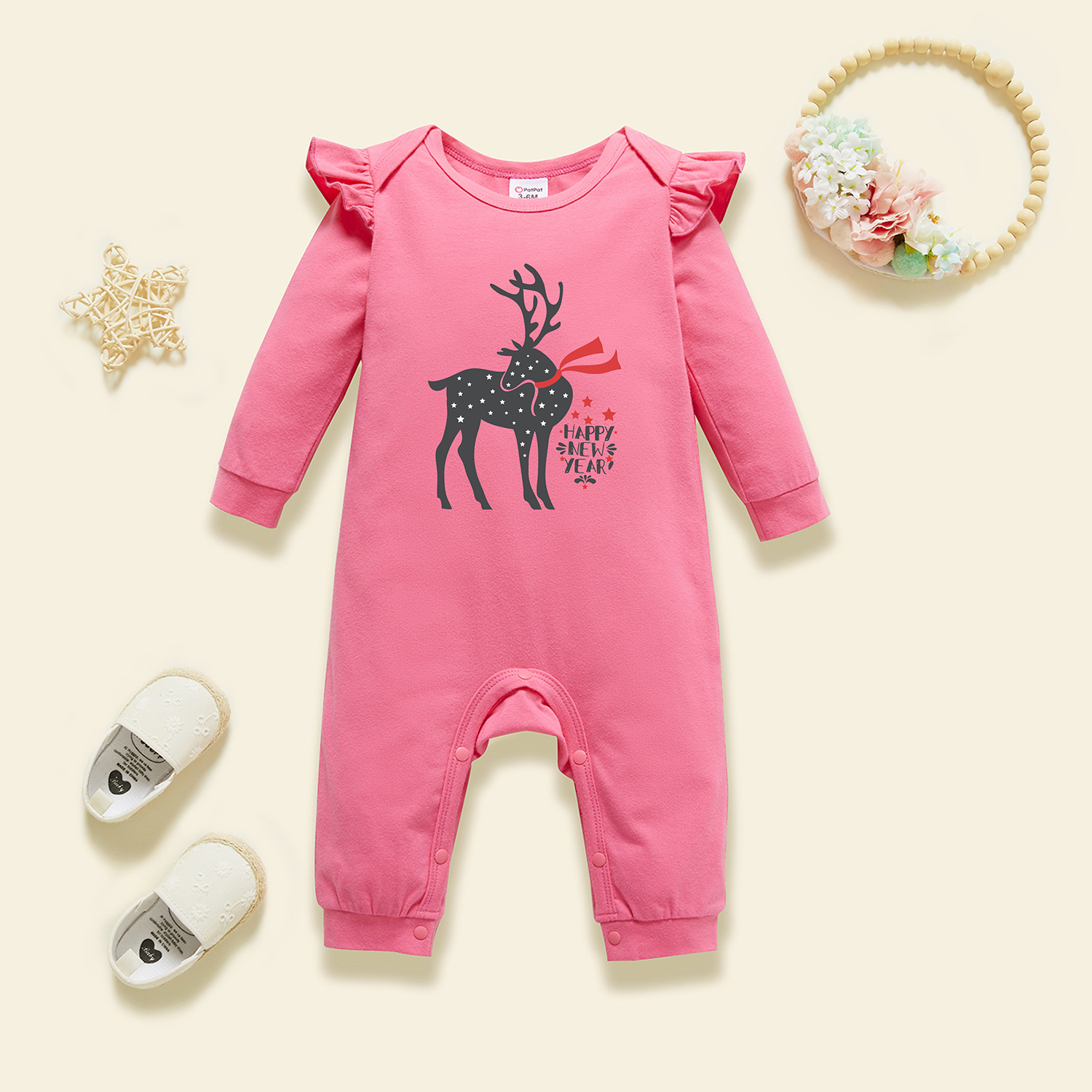 

Baby Graphic Flutter-sleeve Deep pink Long-sleeve Jumpsuit