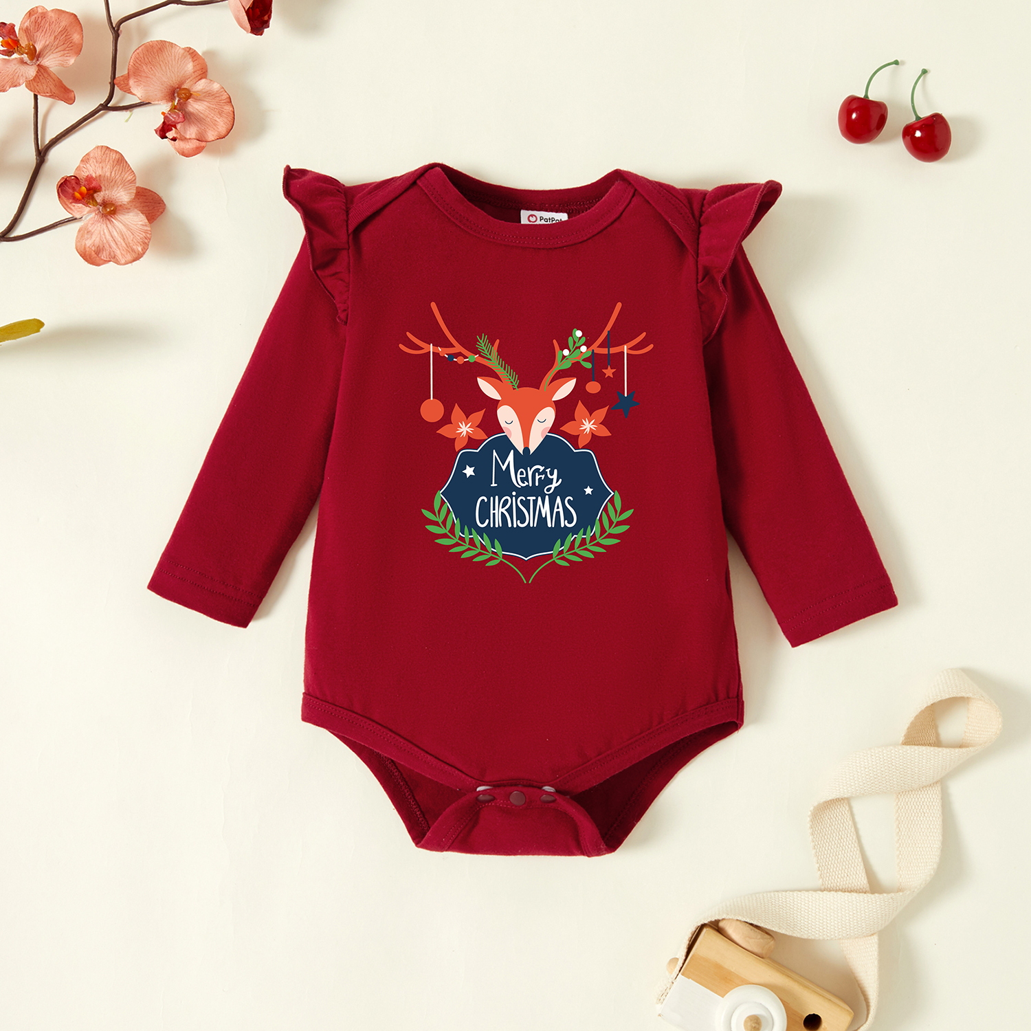 

Baby Graphic Flutter-sleeve Burgundy Long-sleeve Romper