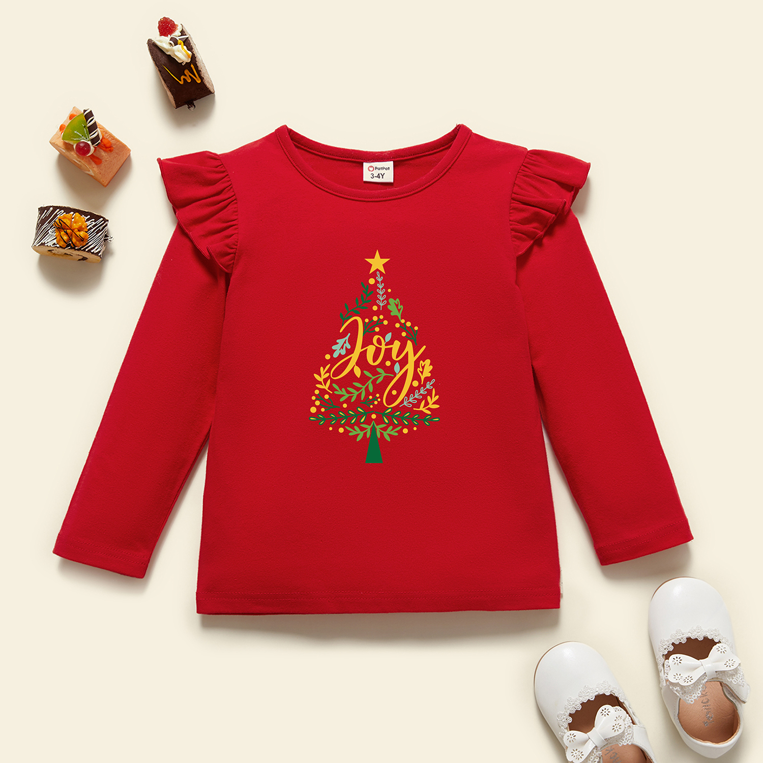 

Christmas Toddler Girl Graphic Christmas Tree and Letter Print Ruffled Long-sleeve Tee