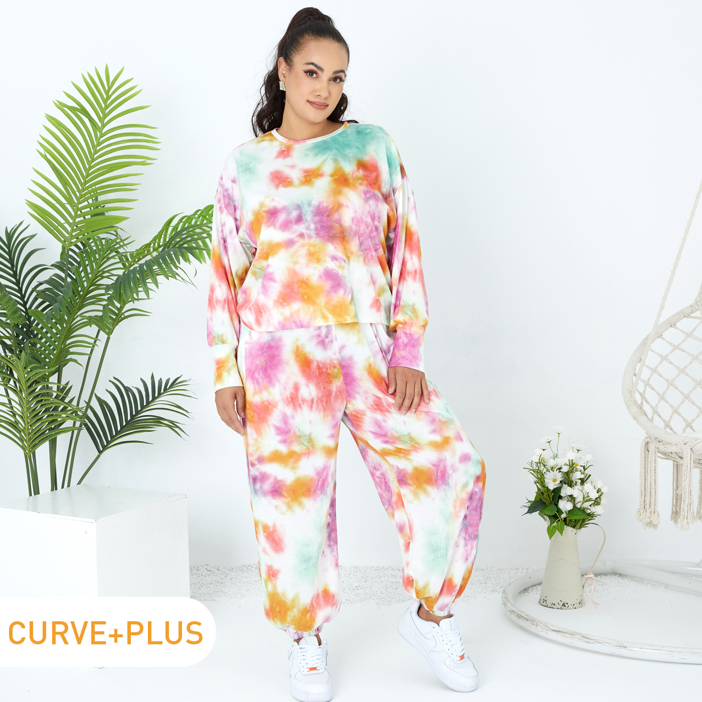 

2-piece Women Plus Size Casual Tie Dye Long-sleeve Tee and Pants Lounge Set