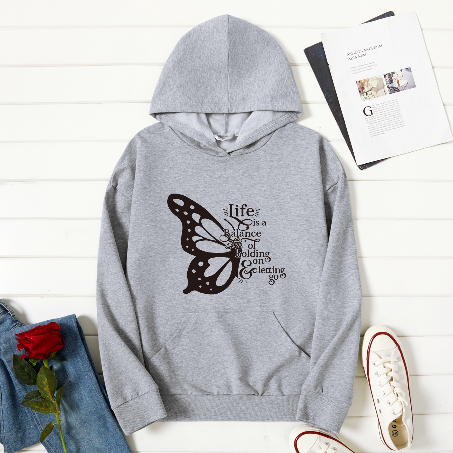 

Graphic Light gray Long-sleeve Hooded Pullover For Women