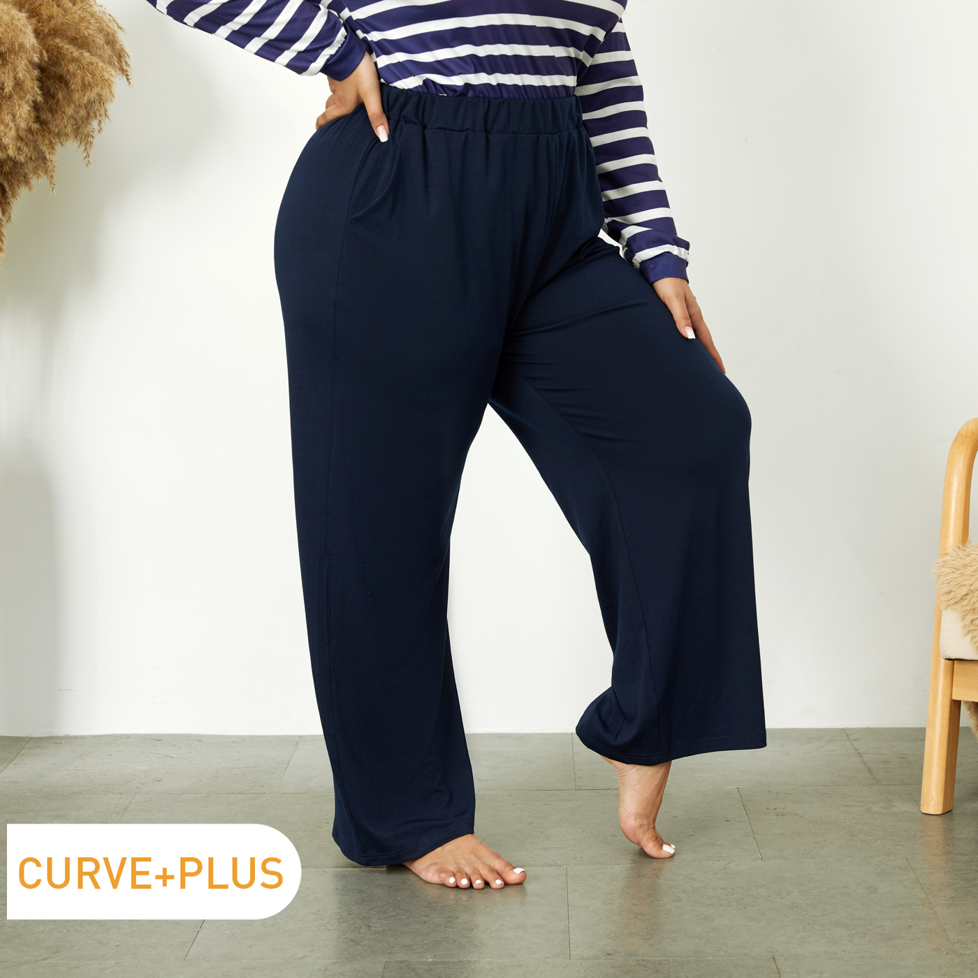 

Women Plus Size Casual Elasticized Dark Blue Wide Leg Pants