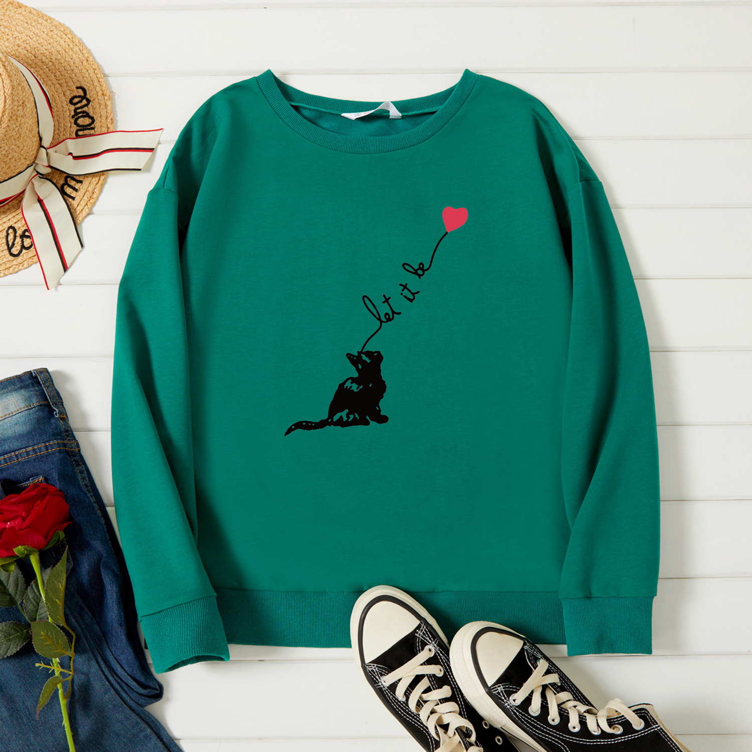 

Graphic Green Long-sleeve Pullover For Women