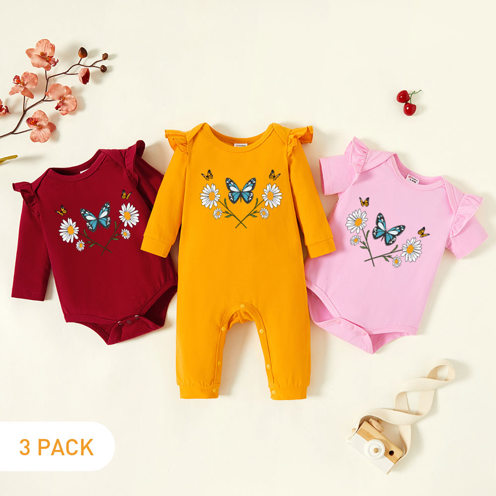 

3-Pack Baby Graphic Flutter-sleeve Romper and Jumpsuit Set
