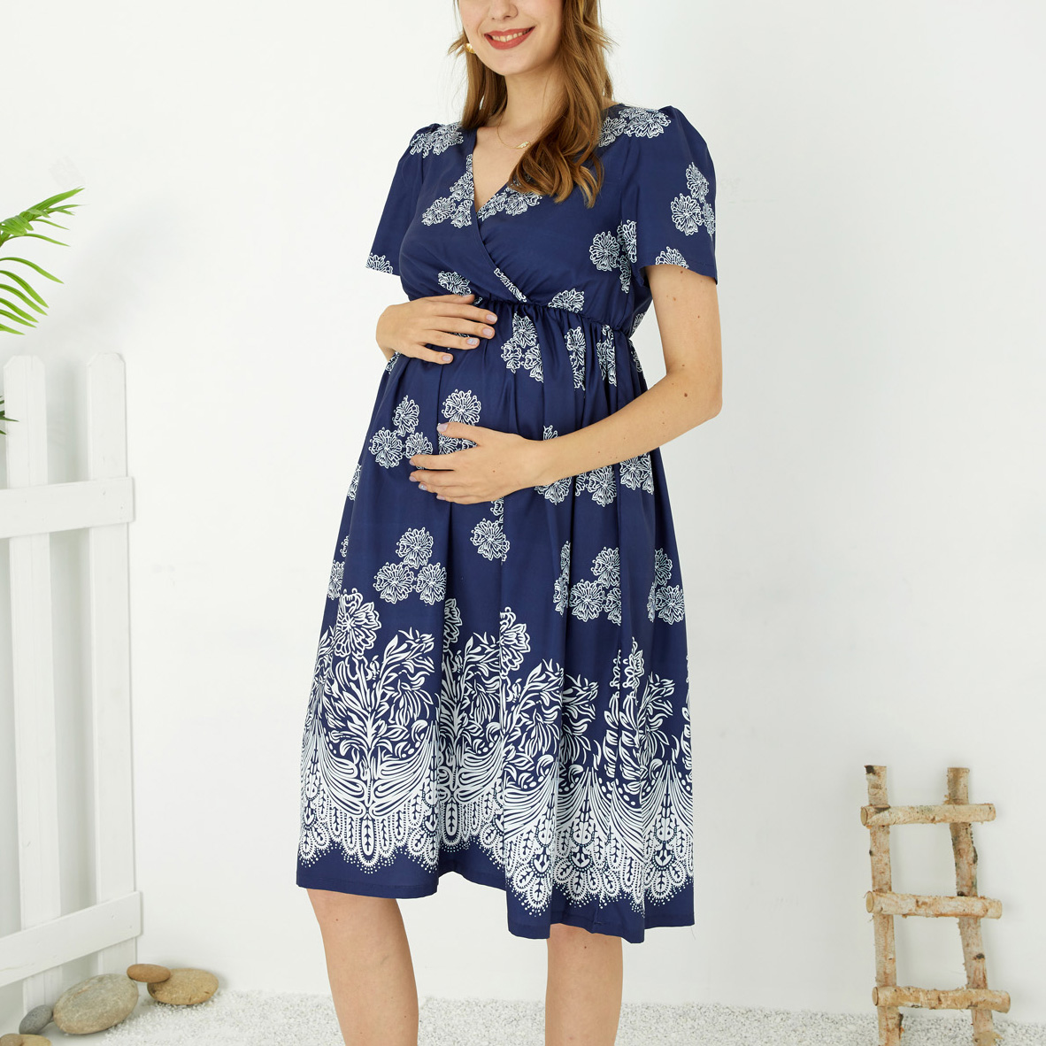 

Maternity Floral Print V Neck Short-sleeve Blue Shirred Waist Dress