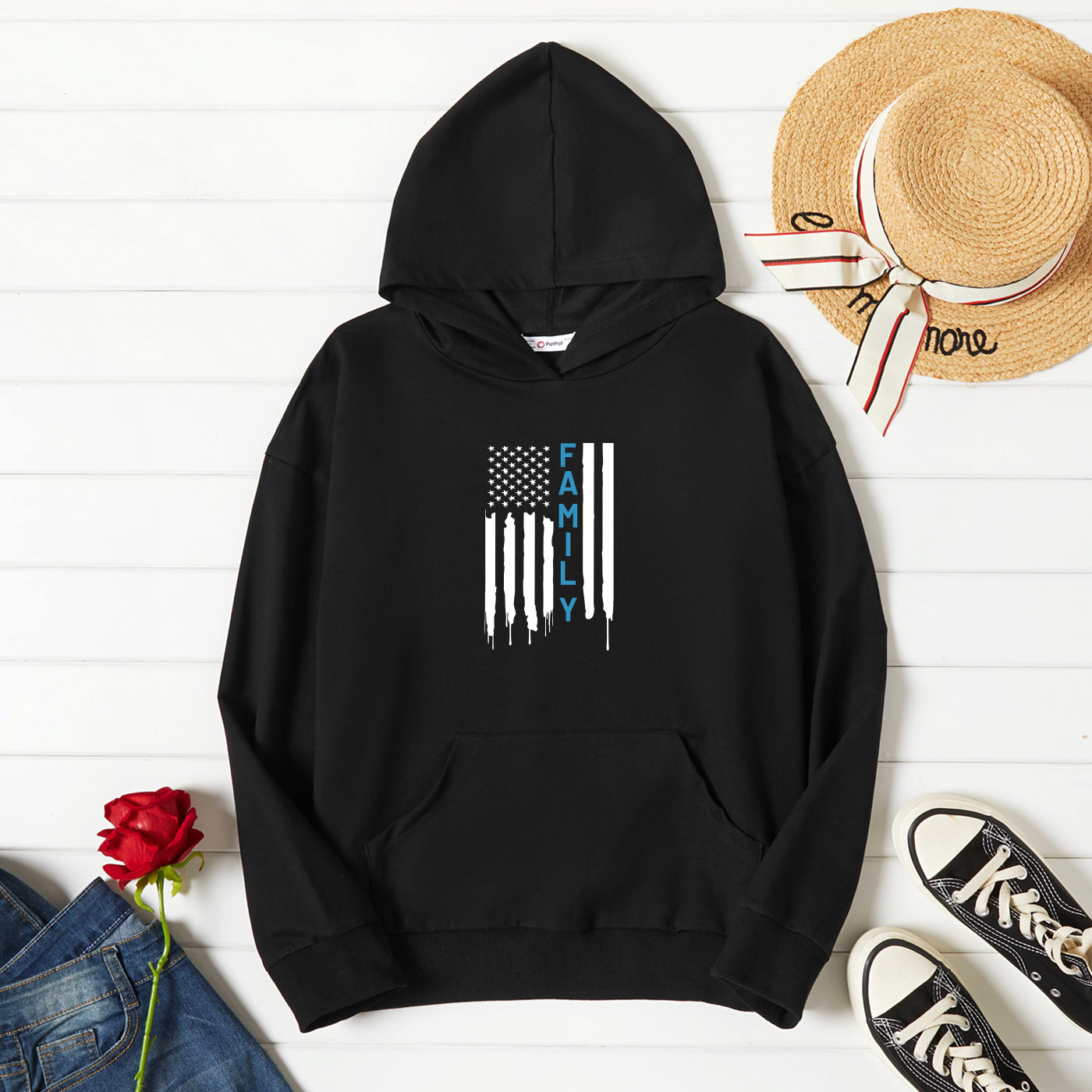 

Graphic Black Long-sleeve Hooded Pullover For Women