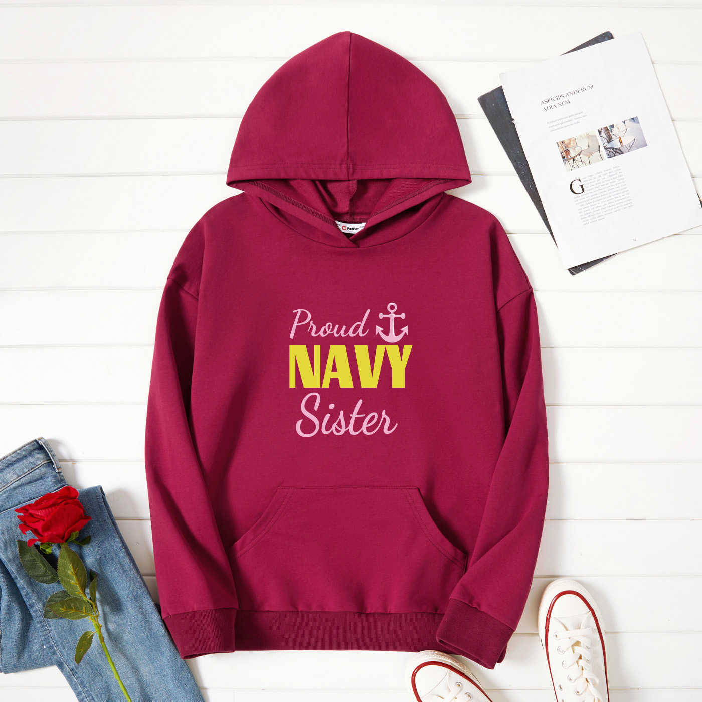 

Graphic Burgundy Long-sleeve Hooded Pullover For Women