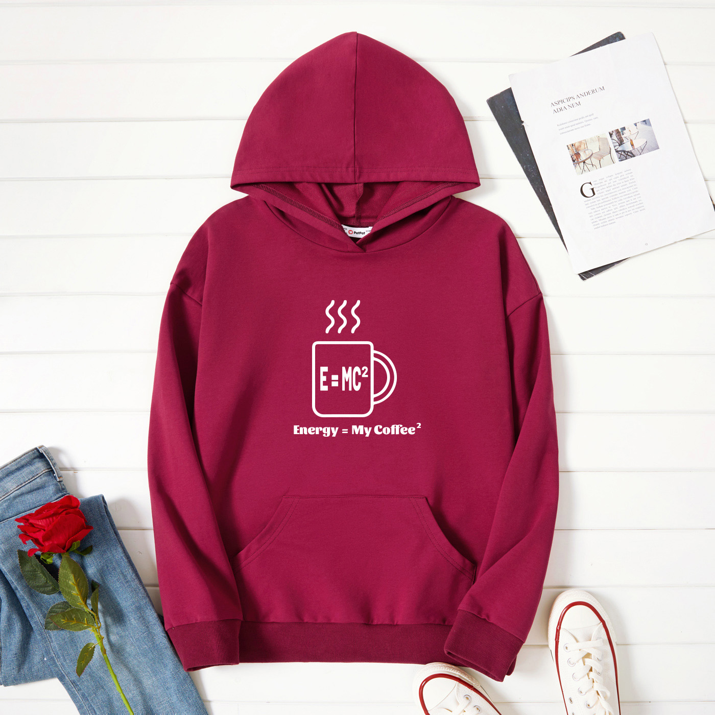 

Graphic Burgundy Long-sleeve Hooded Pullover For Women