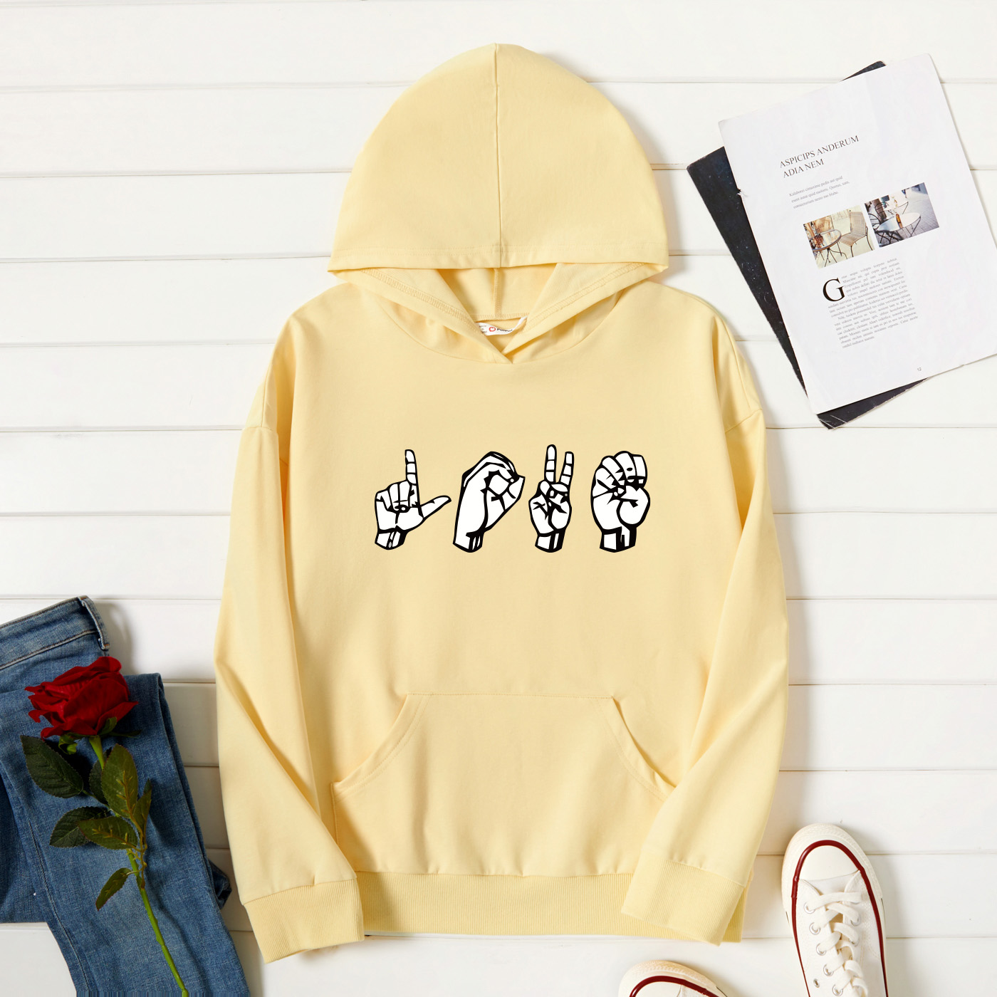 

Graphic Beige Long-sleeve Hooded Pullover For Women