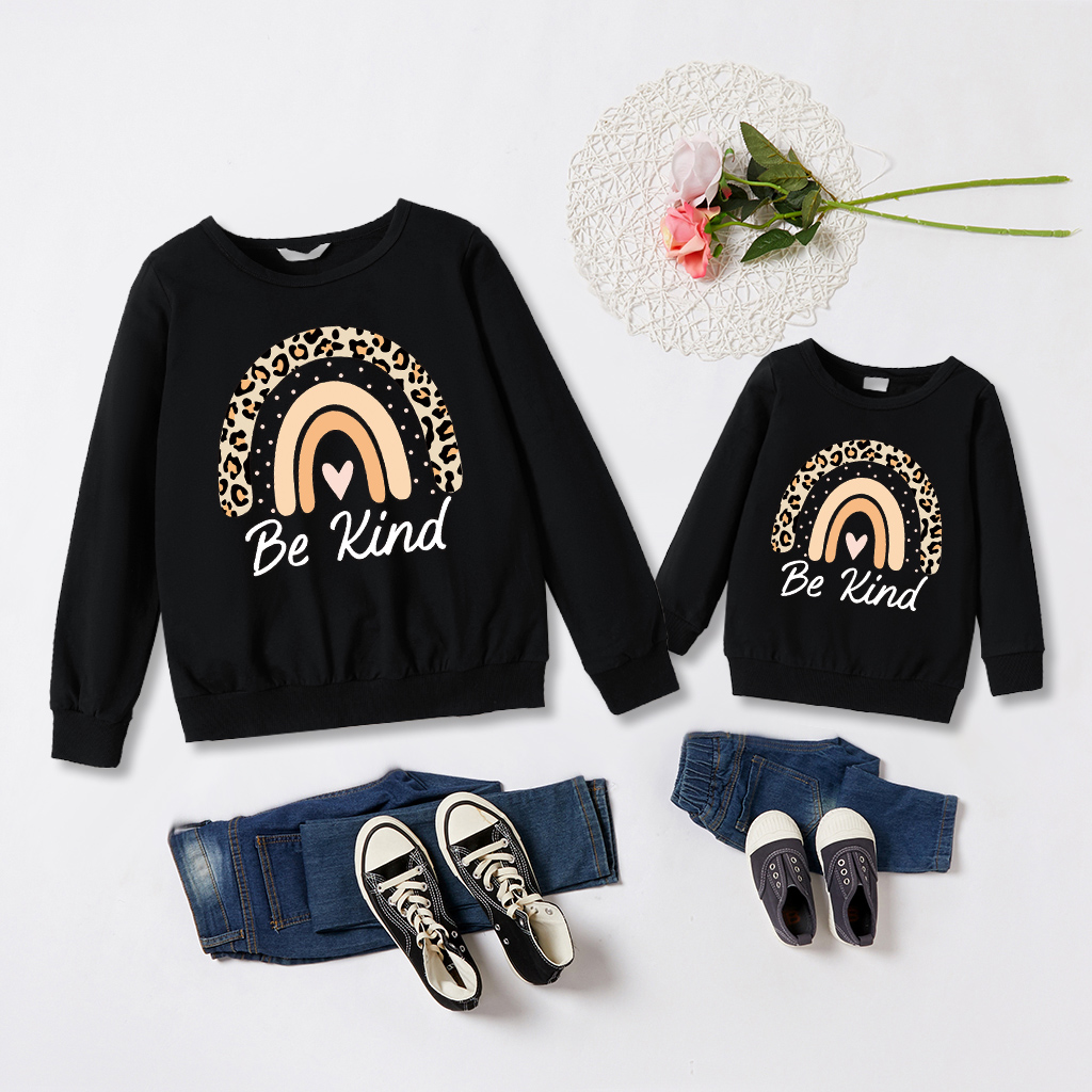 

100% Cotton Leopard Rainbow and Letter Print Black Long-sleeve Sweatshirts for Mom and Me