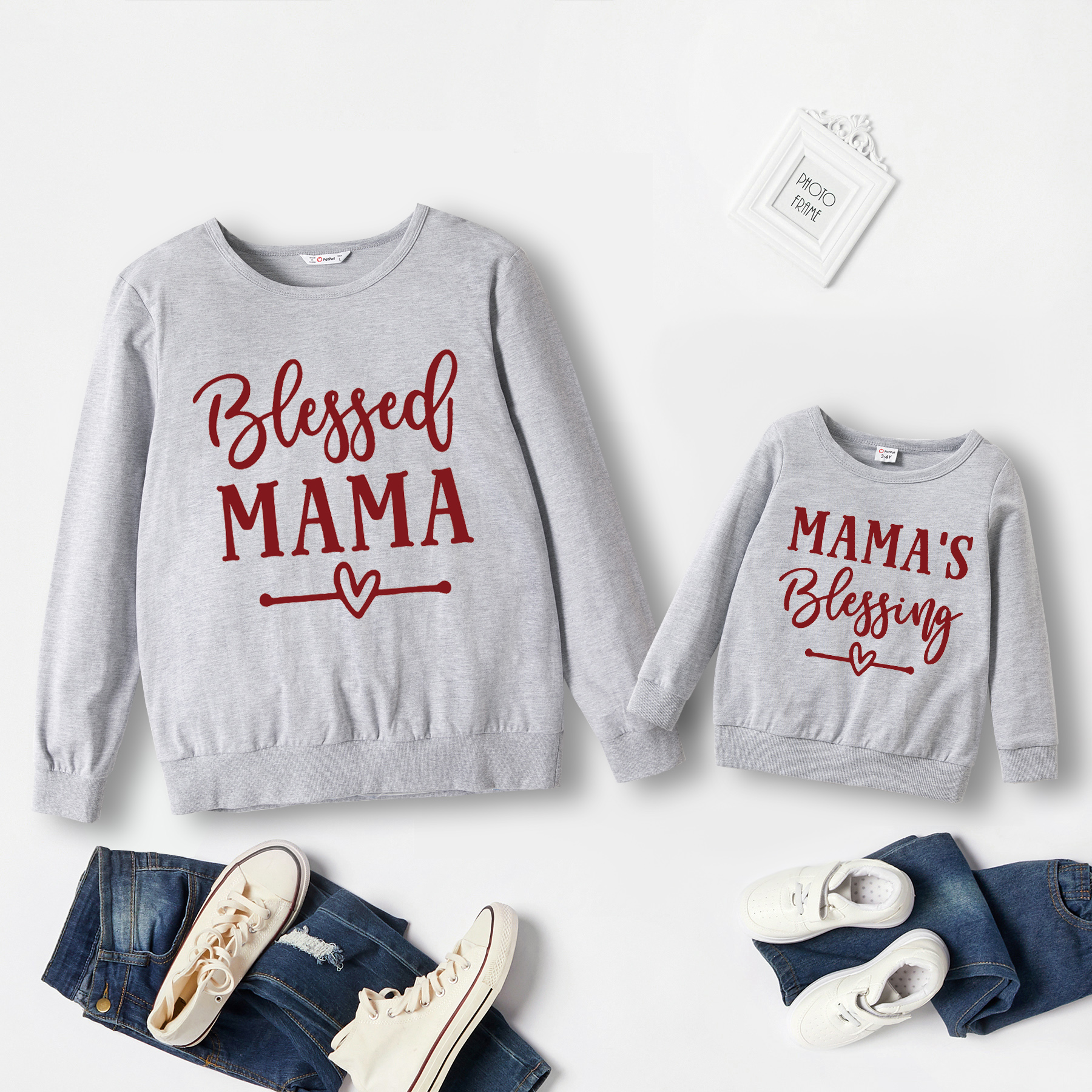

100% Cotton Letter Print Gray Long-sleeve Sweatshirts for Mom and Me