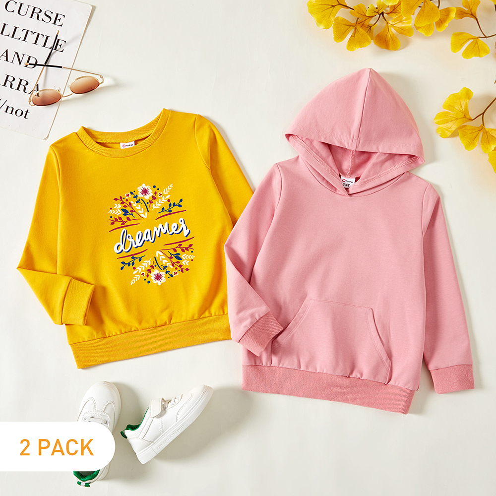 

2-Pack Toddler Graphic Floral and Letter Print Long-sleeve Pullover & Hooded Pullover Set